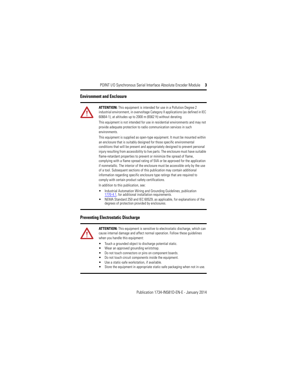 Environment and enclosure, Preventing electrostatic discharge | Rockwell Automation 1734-SSI POINT I/O Synchronous Serial Interface Encoder Module Installation Instructions User Manual | Page 3 / 20