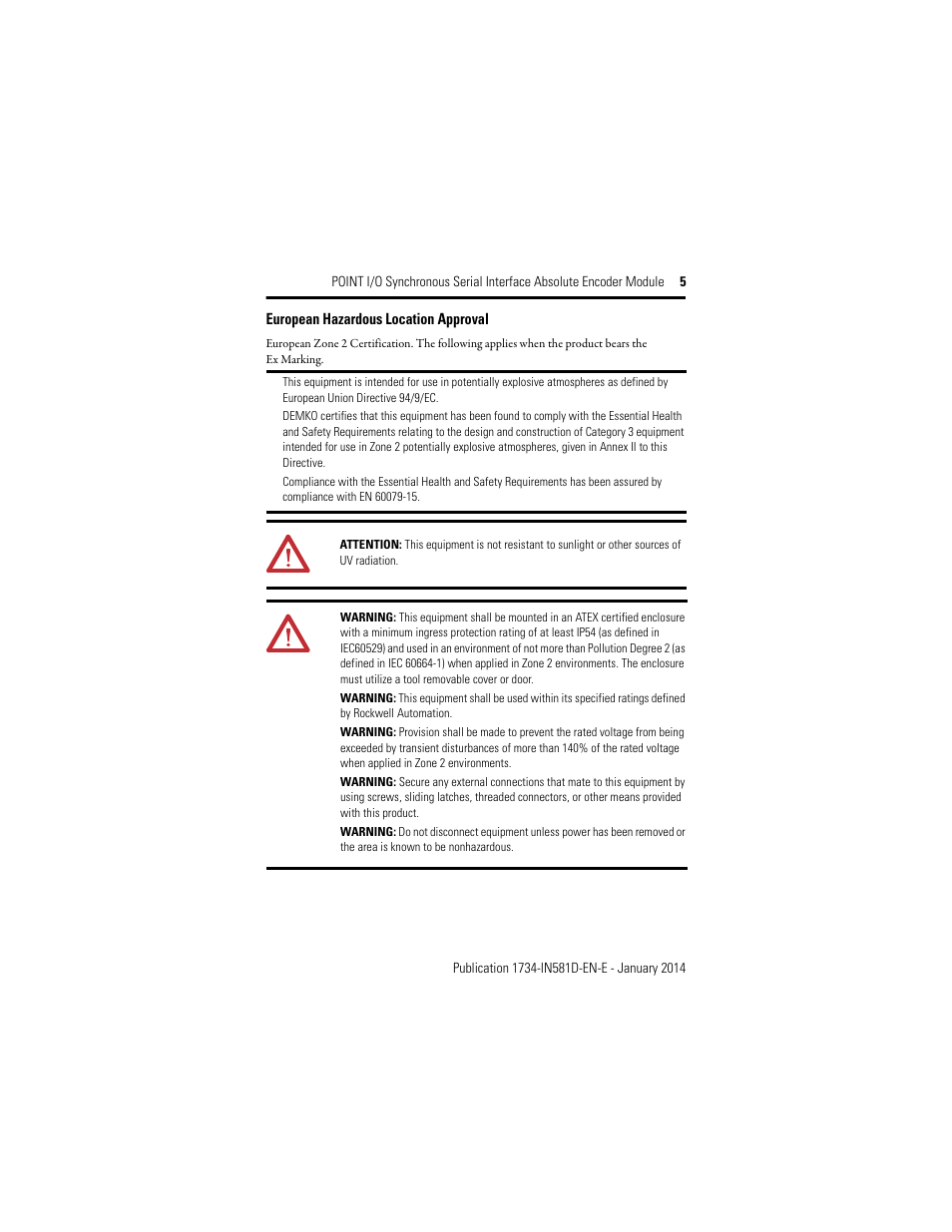 European hazardous location approval | Rockwell Automation 1734-SSI POINT I/O Synchronous Serial Interface Encoder Module Installation Instructions User Manual | Page 5 / 20