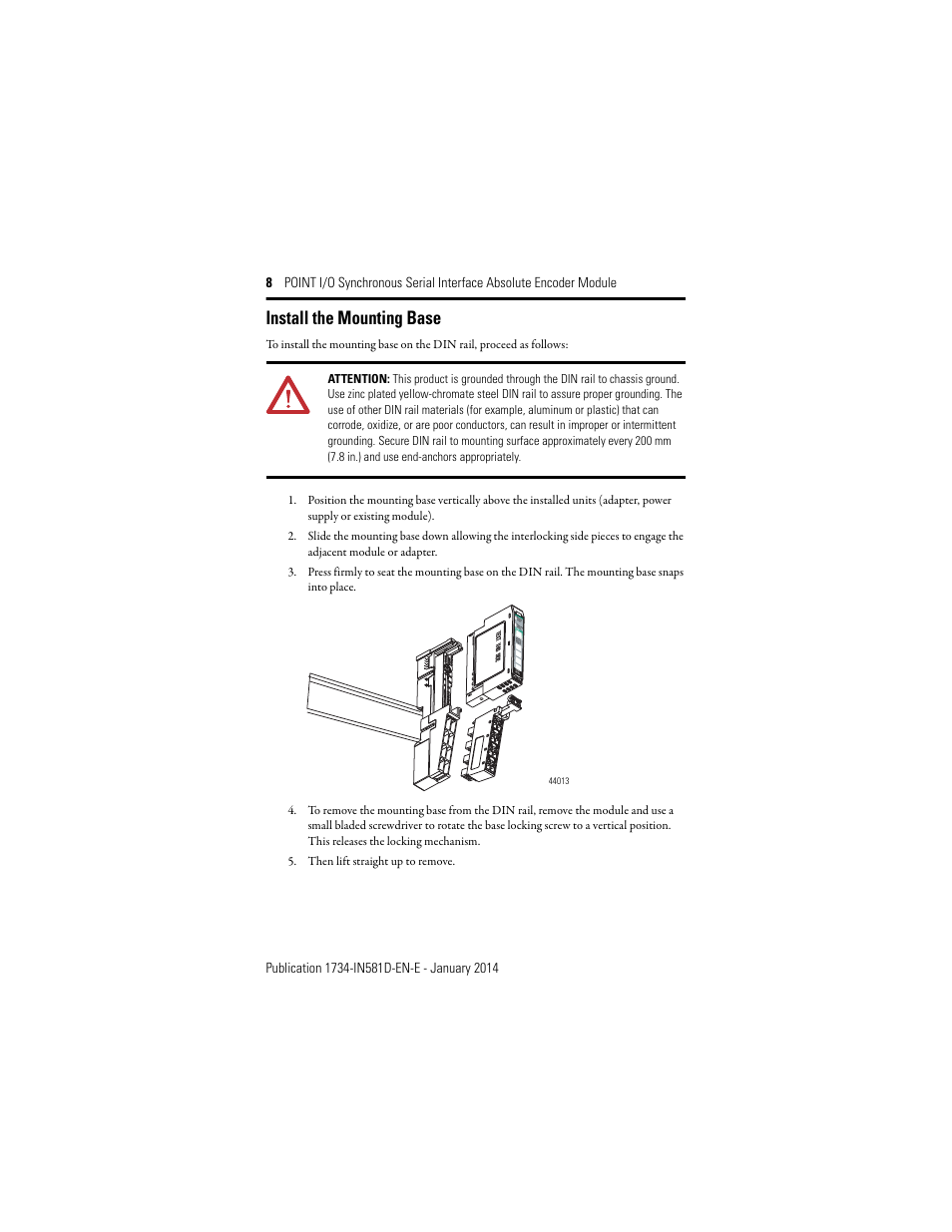 Install the mounting base, Node | Rockwell Automation 1734-SSI POINT I/O Synchronous Serial Interface Encoder Module Installation Instructions User Manual | Page 8 / 20