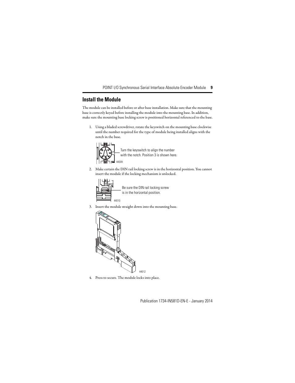 Install the module | Rockwell Automation 1734-SSI POINT I/O Synchronous Serial Interface Encoder Module Installation Instructions User Manual | Page 9 / 20