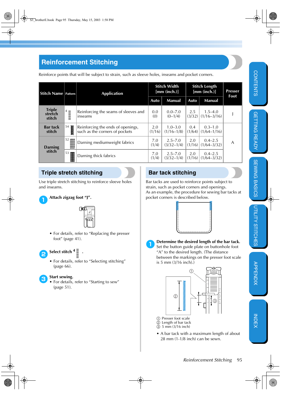 Reinforcement stitching, Triple stretch stitching, Bar tack stitching | Triple stretch stitching bar tack stitching | Brother CS-8150 User Manual | Page 101 / 141