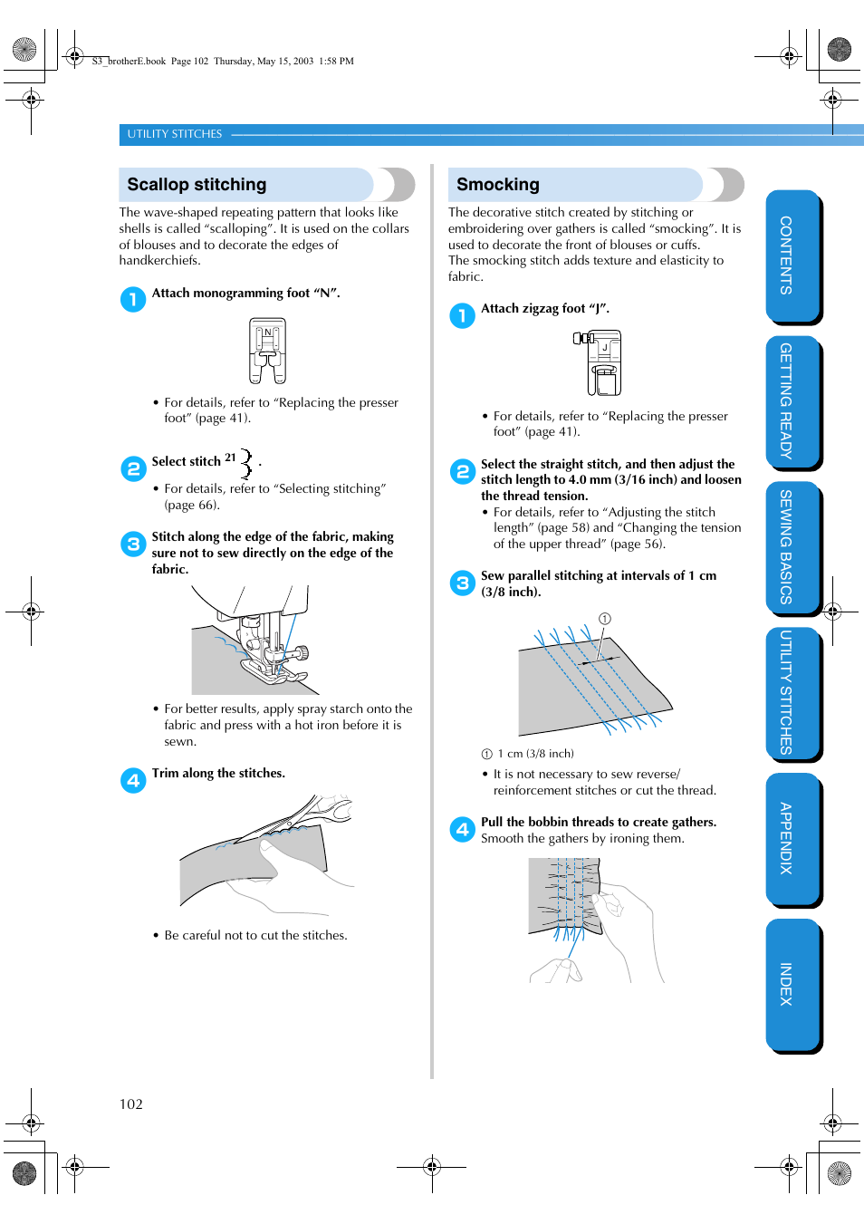 Scallop stitching, Smocking, Scallop stitching smocking | Brother CS-8150 User Manual | Page 108 / 141