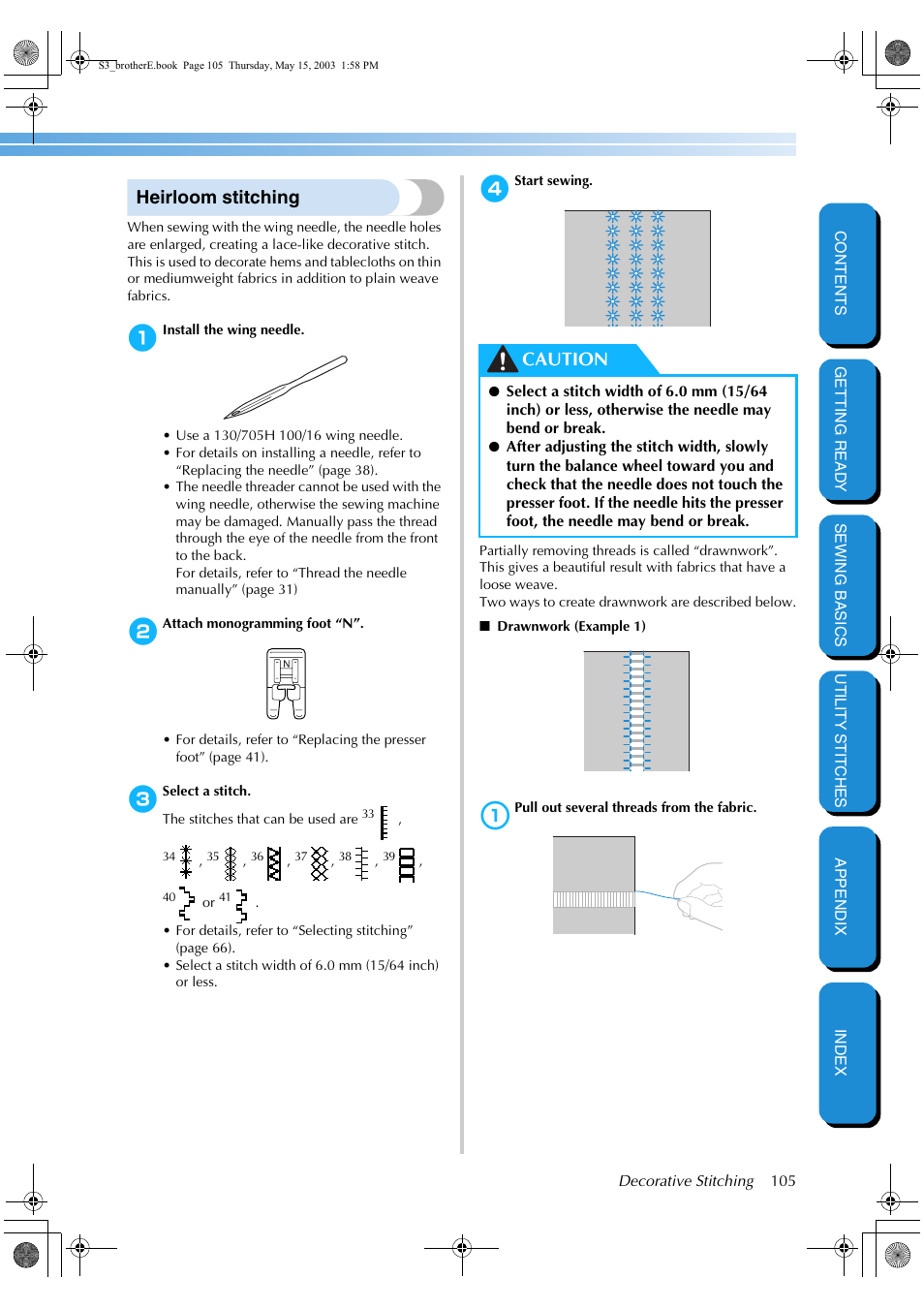 Heirloom stitching, Caution | Brother CS-8150 User Manual | Page 111 / 141