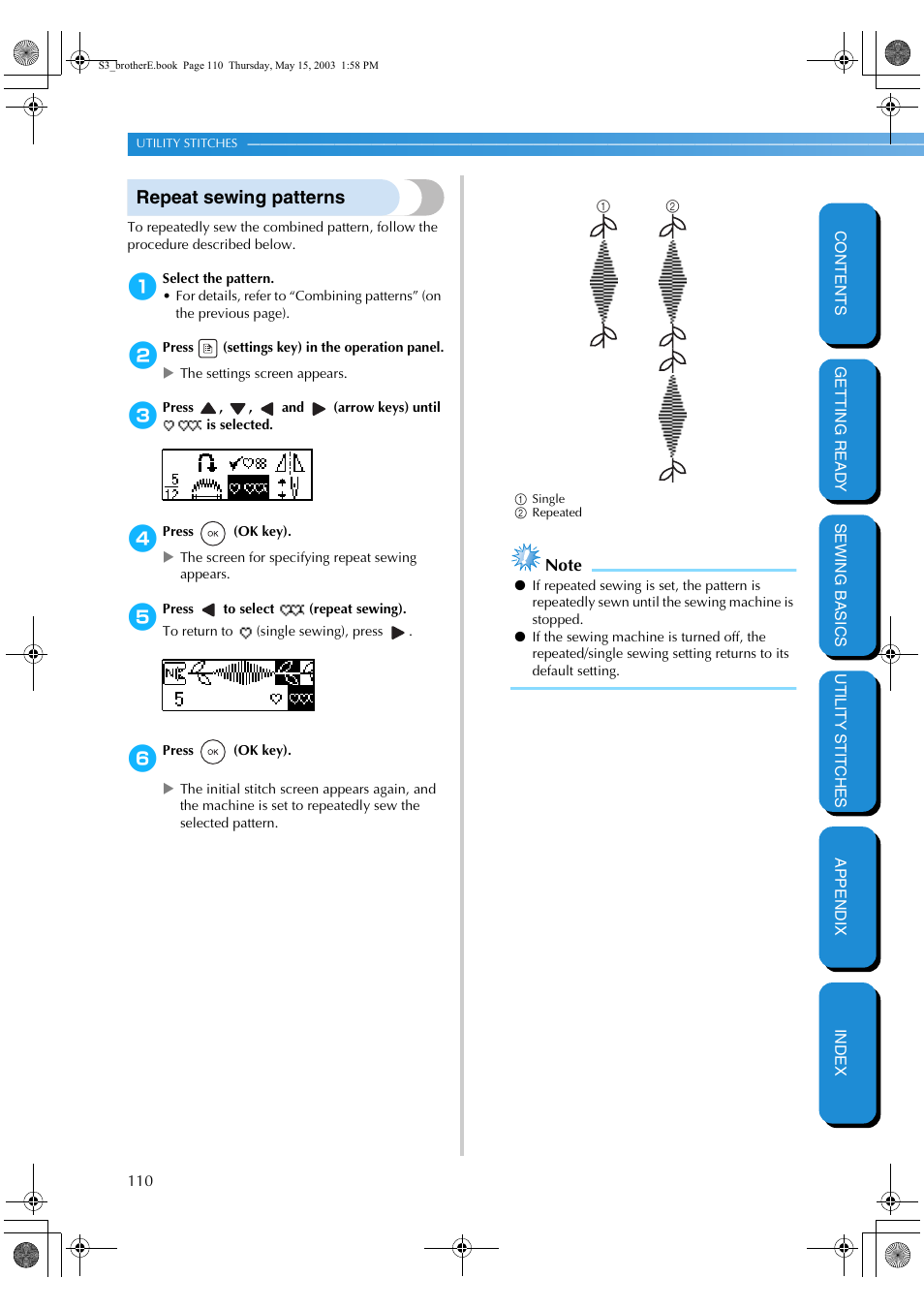 Repeat sewing patterns | Brother CS-8150 User Manual | Page 116 / 141