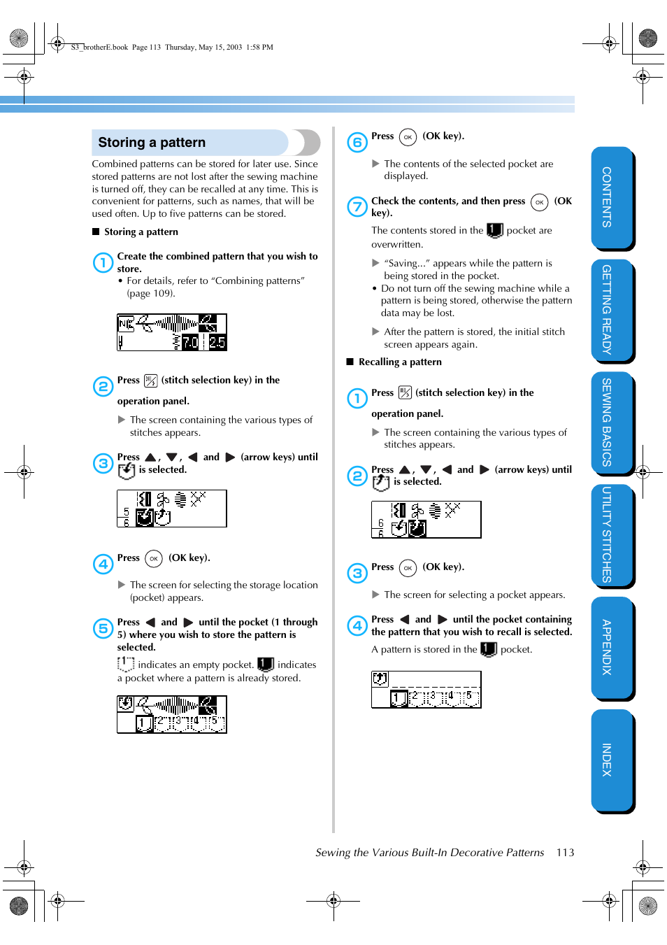 Storing a pattern | Brother CS-8150 User Manual | Page 119 / 141