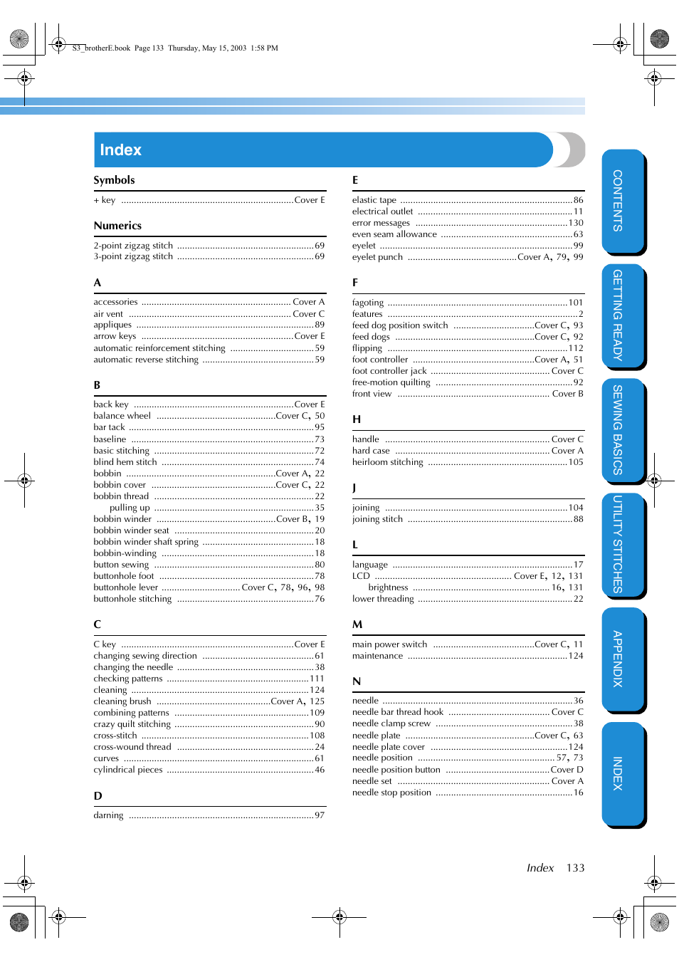 Index | Brother CS-8150 User Manual | Page 139 / 141