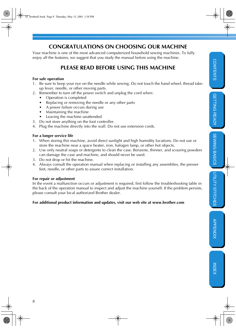 Please read before using this machine | Brother CS-8150 User Manual | Page 14 / 141
