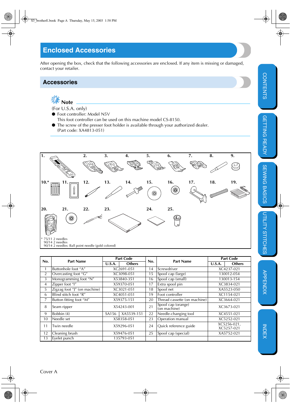 Enclosed accessories, Accessories | Brother CS-8150 User Manual | Page 2 / 141