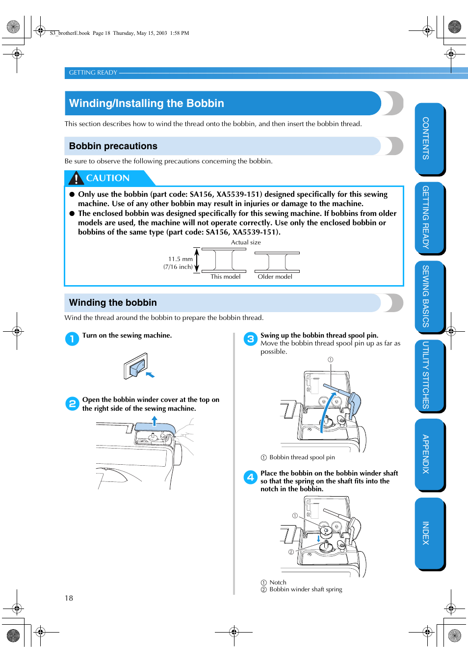 Winding/installing the bobbin, Bobbin precautions, Winding the bobbin | Bobbin precautions winding the bobbin, Caution | Brother CS-8150 User Manual | Page 24 / 141