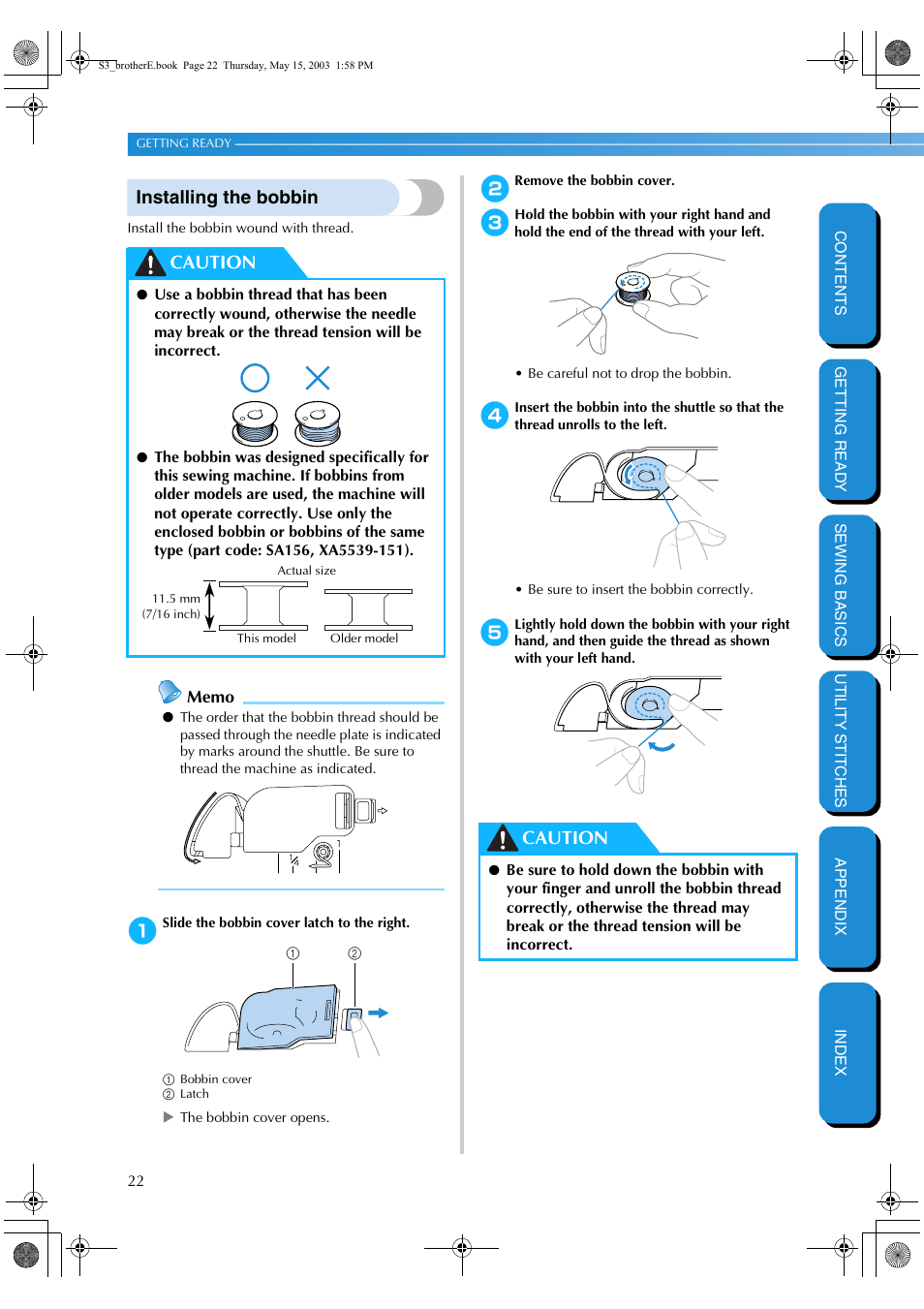 Installing the bobbin, Caution | Brother CS-8150 User Manual | Page 28 / 141