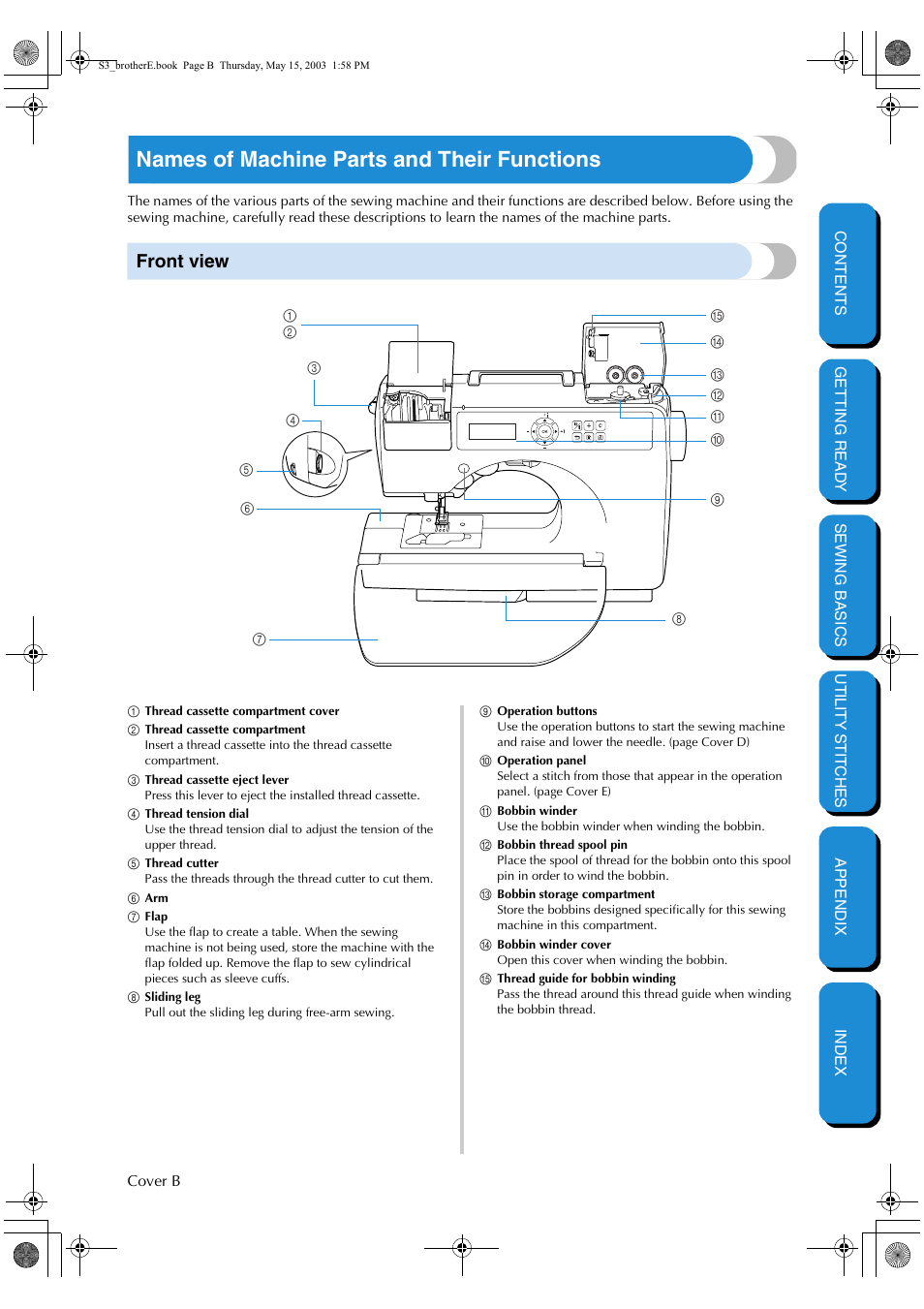 Names of machine parts and their functions, Front view | Brother CS-8150 User Manual | Page 3 / 141