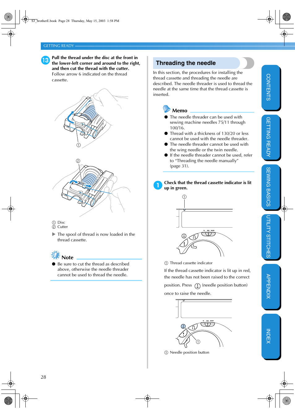 Threading the needle | Brother CS-8150 User Manual | Page 34 / 141