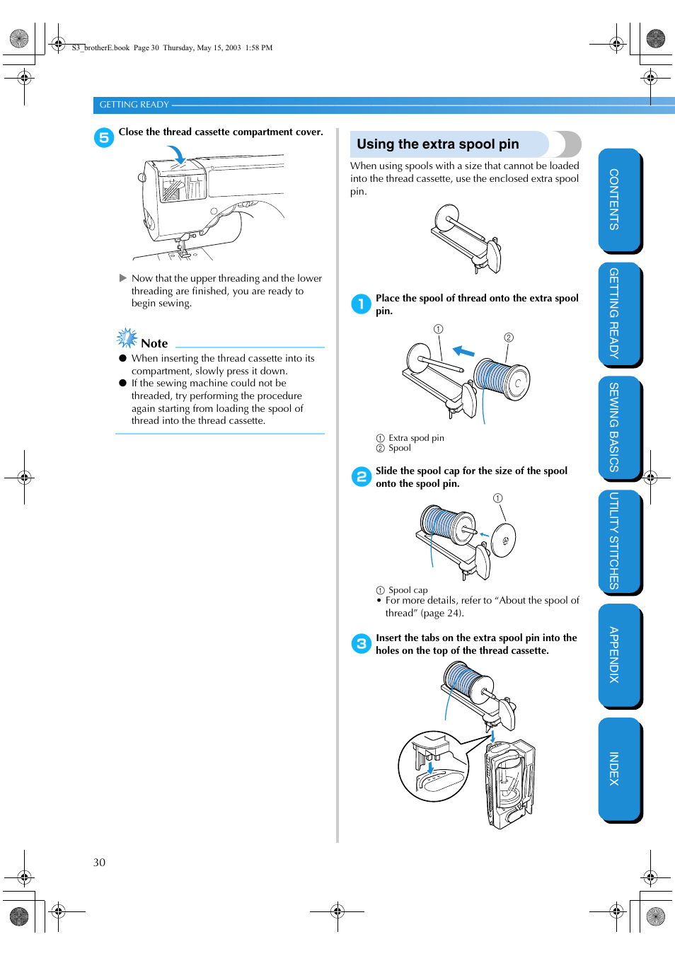 Using the extra spool pin | Brother CS-8150 User Manual | Page 36 / 141