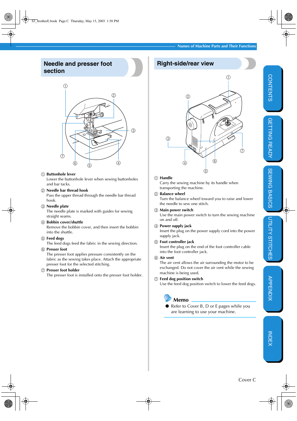 Needle and presser foot section, Right-side/rear view | Brother CS-8150 User Manual | Page 4 / 141