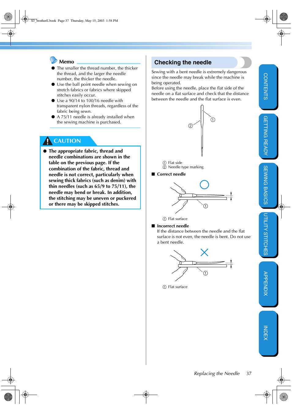 Checking the needle, Caution | Brother CS-8150 User Manual | Page 43 / 141