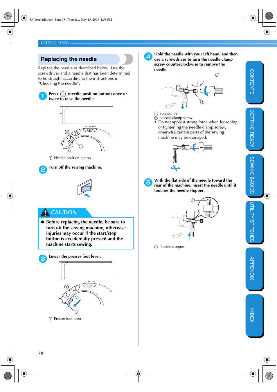 Replacing the needle, Caution | Brother CS-8150 User Manual | Page 44 / 141