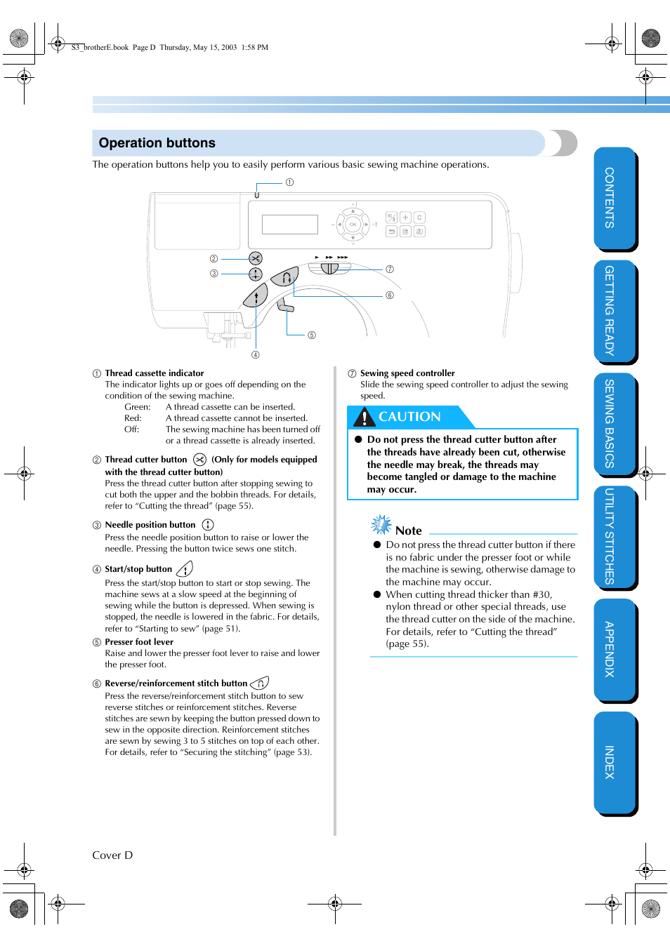 Operation buttons, Caution | Brother CS-8150 User Manual | Page 5 / 141