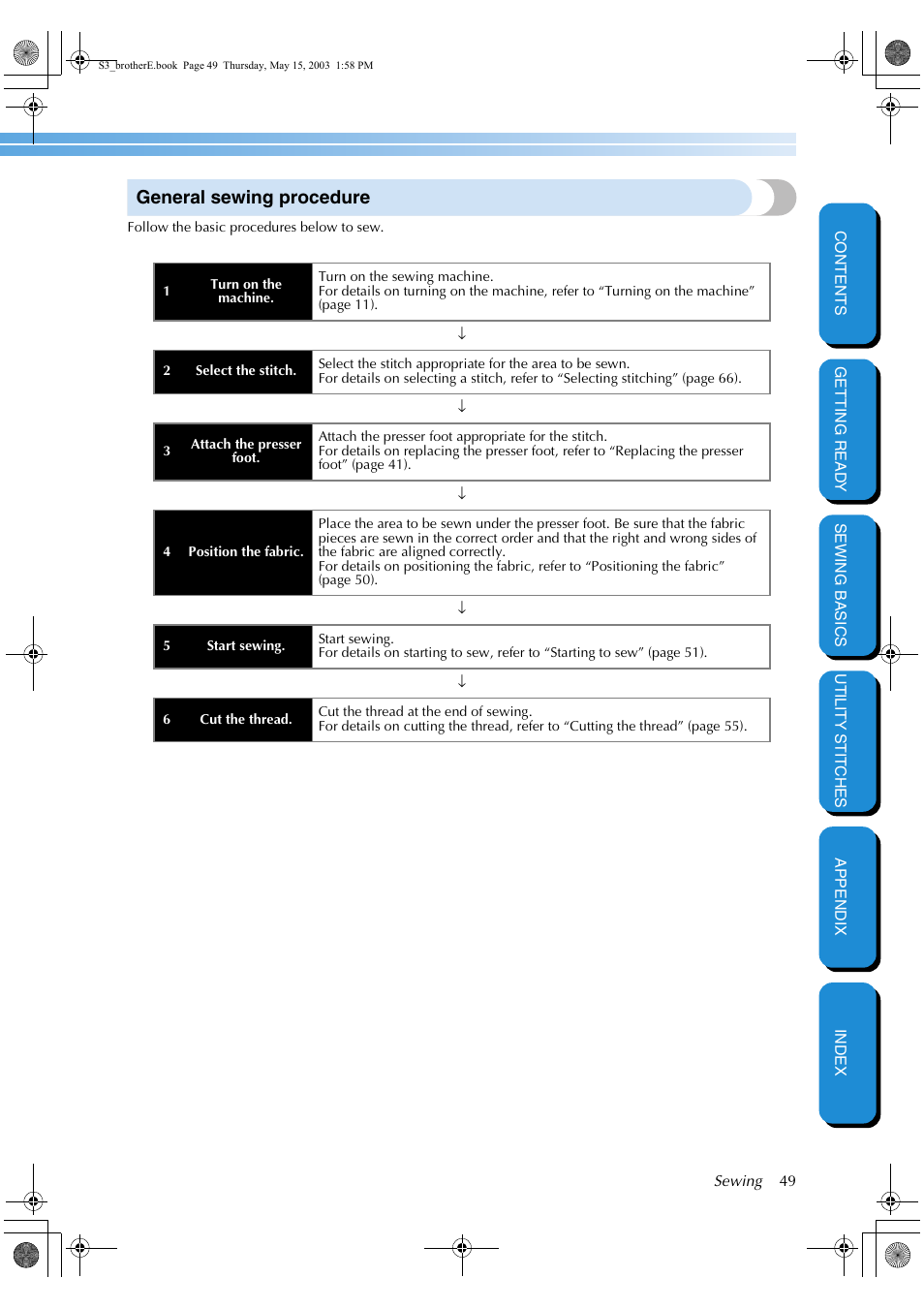 General sewing procedure | Brother CS-8150 User Manual | Page 55 / 141