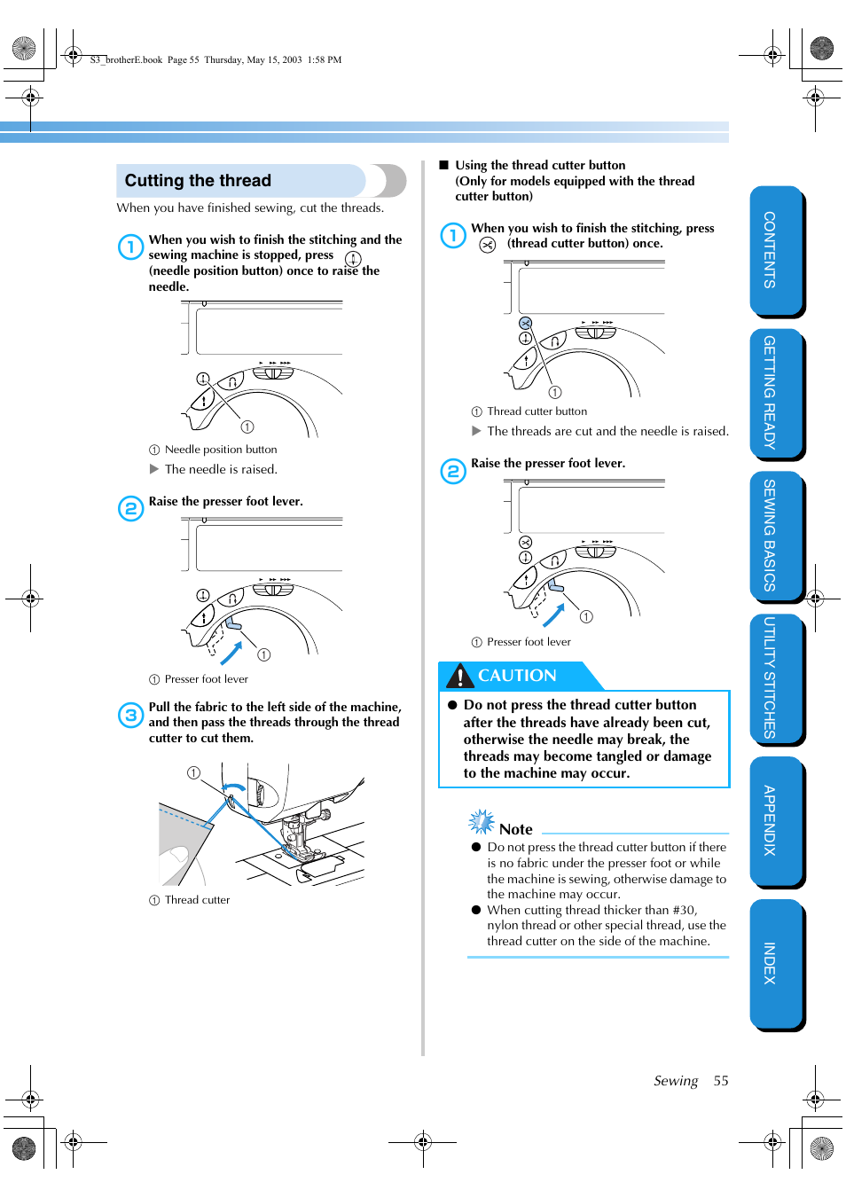 Cutting the thread, Caution | Brother CS-8150 User Manual | Page 61 / 141