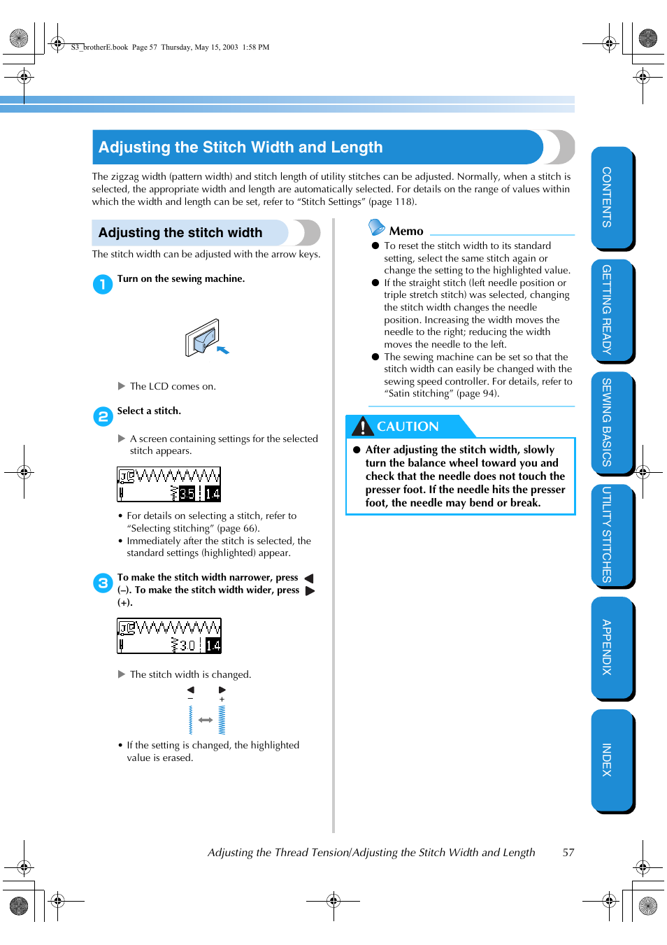 Adjusting the stitch width and length, Adjusting the stitch width, Caution | Brother CS-8150 User Manual | Page 63 / 141