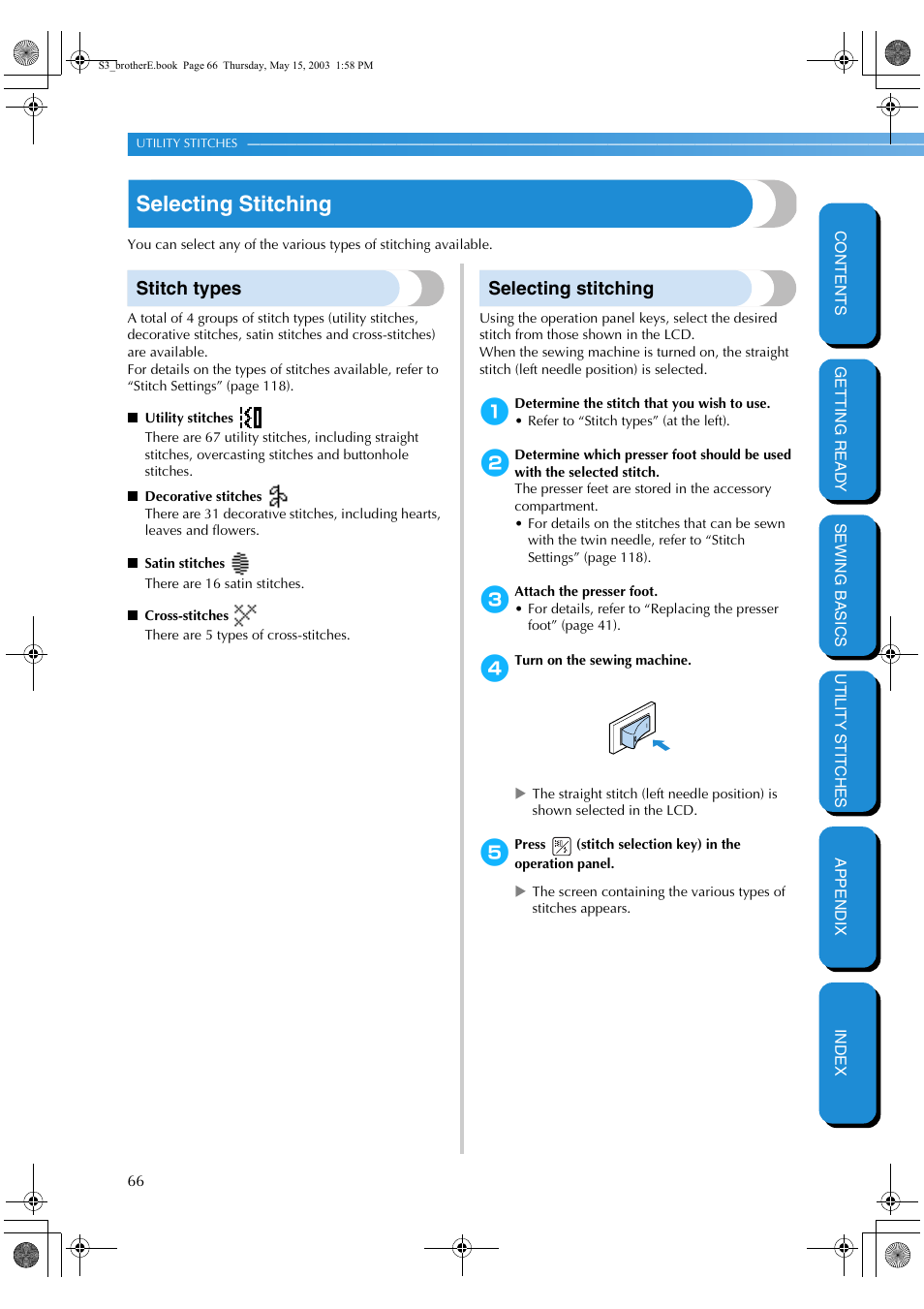 Selecting stitching, Stitch types, Stitch types selecting stitching | Brother CS-8150 User Manual | Page 72 / 141