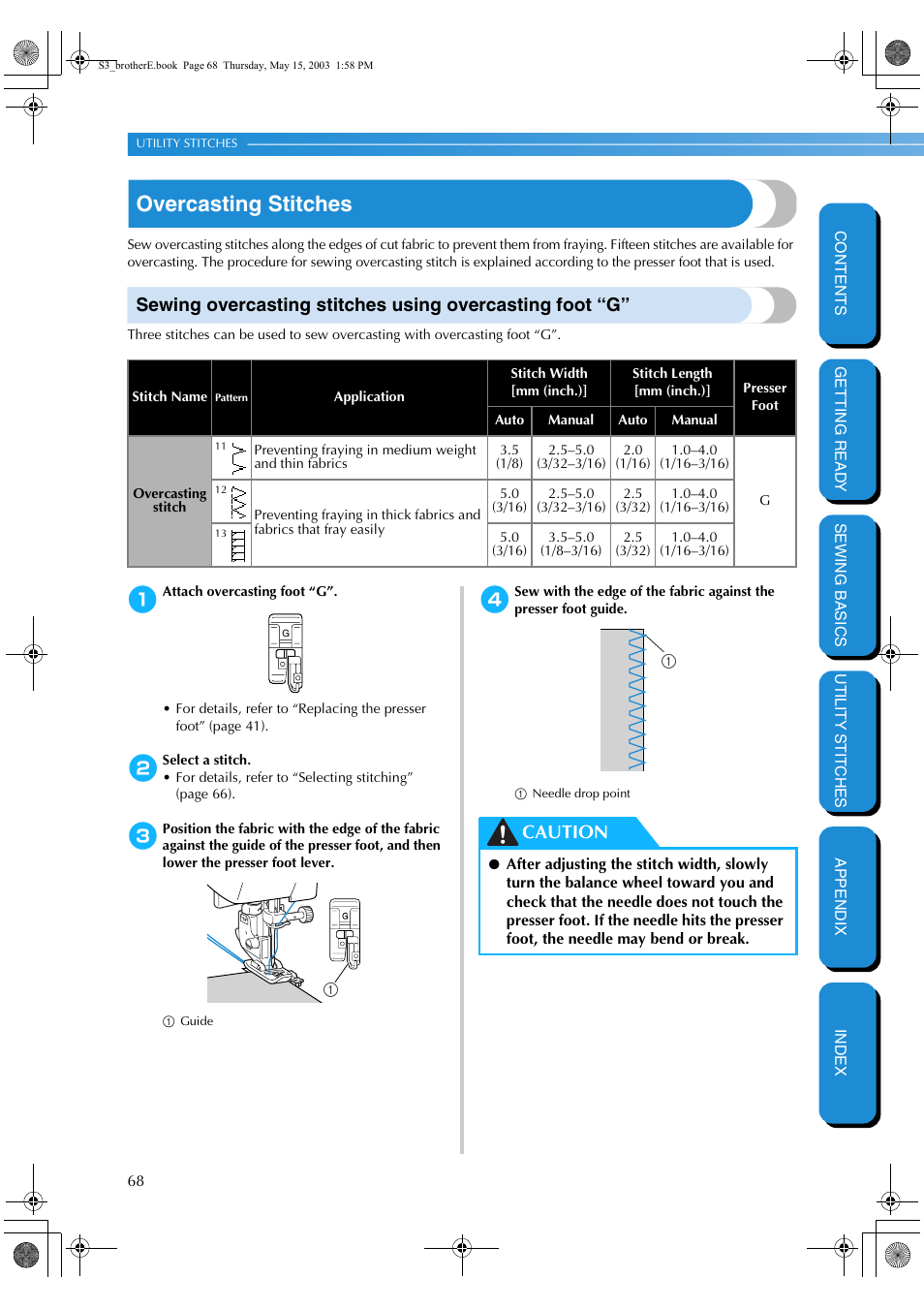 Overcasting stitches, Caution | Brother CS-8150 User Manual | Page 74 / 141