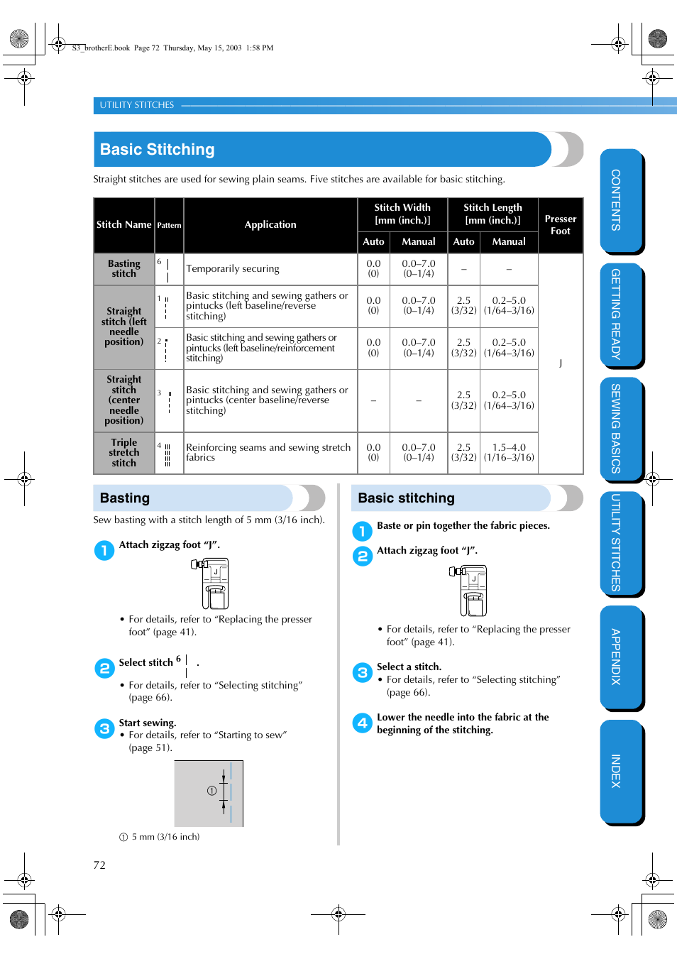 Basic stitching, Basting, Basting basic stitching | Brother CS-8150 User Manual | Page 78 / 141