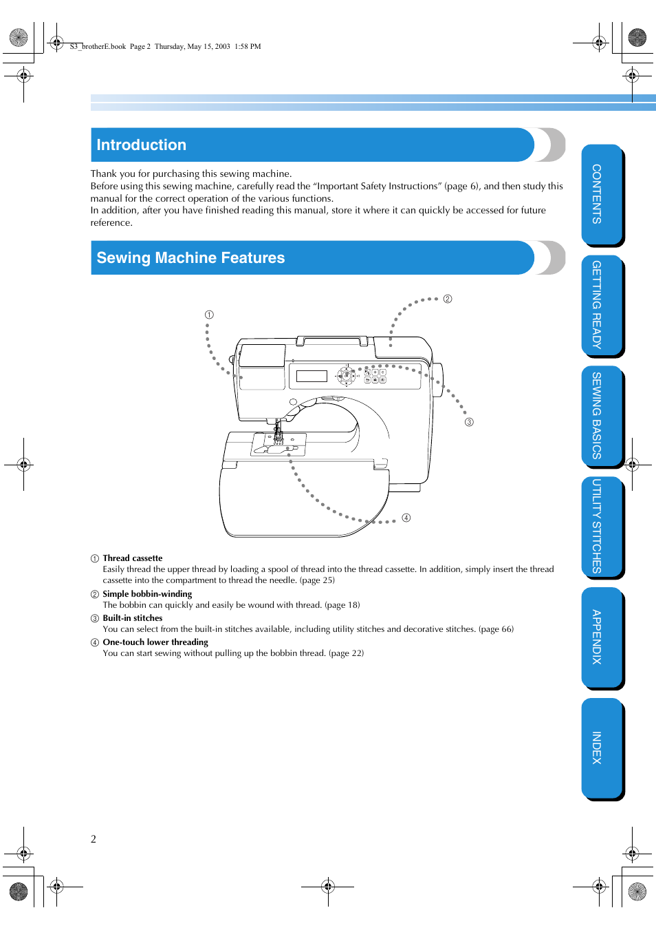 Introduction, Sewing machine features | Brother CS-8150 User Manual | Page 8 / 141