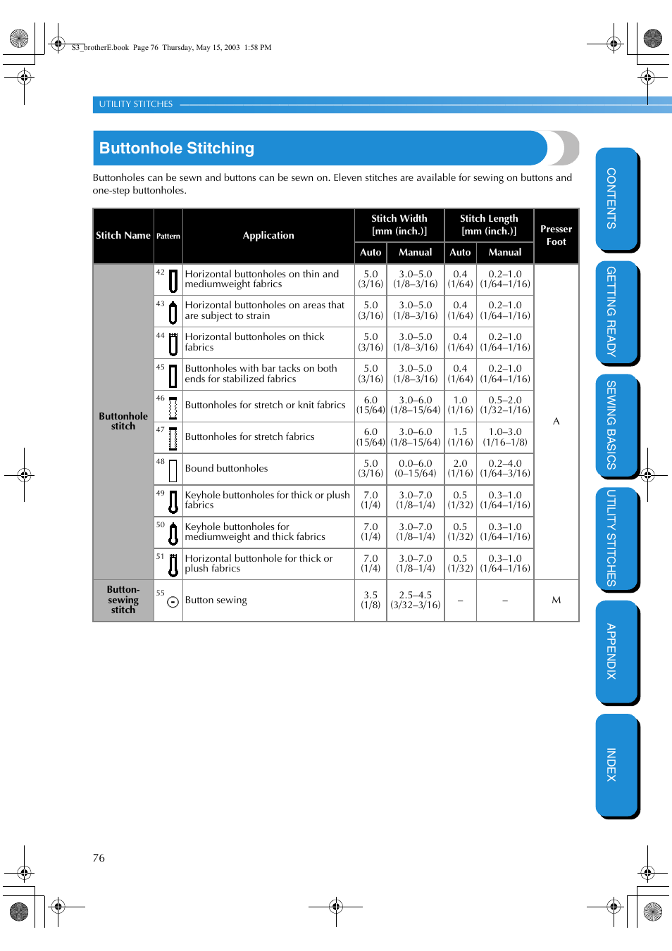 Buttonhole stitching | Brother CS-8150 User Manual | Page 82 / 141