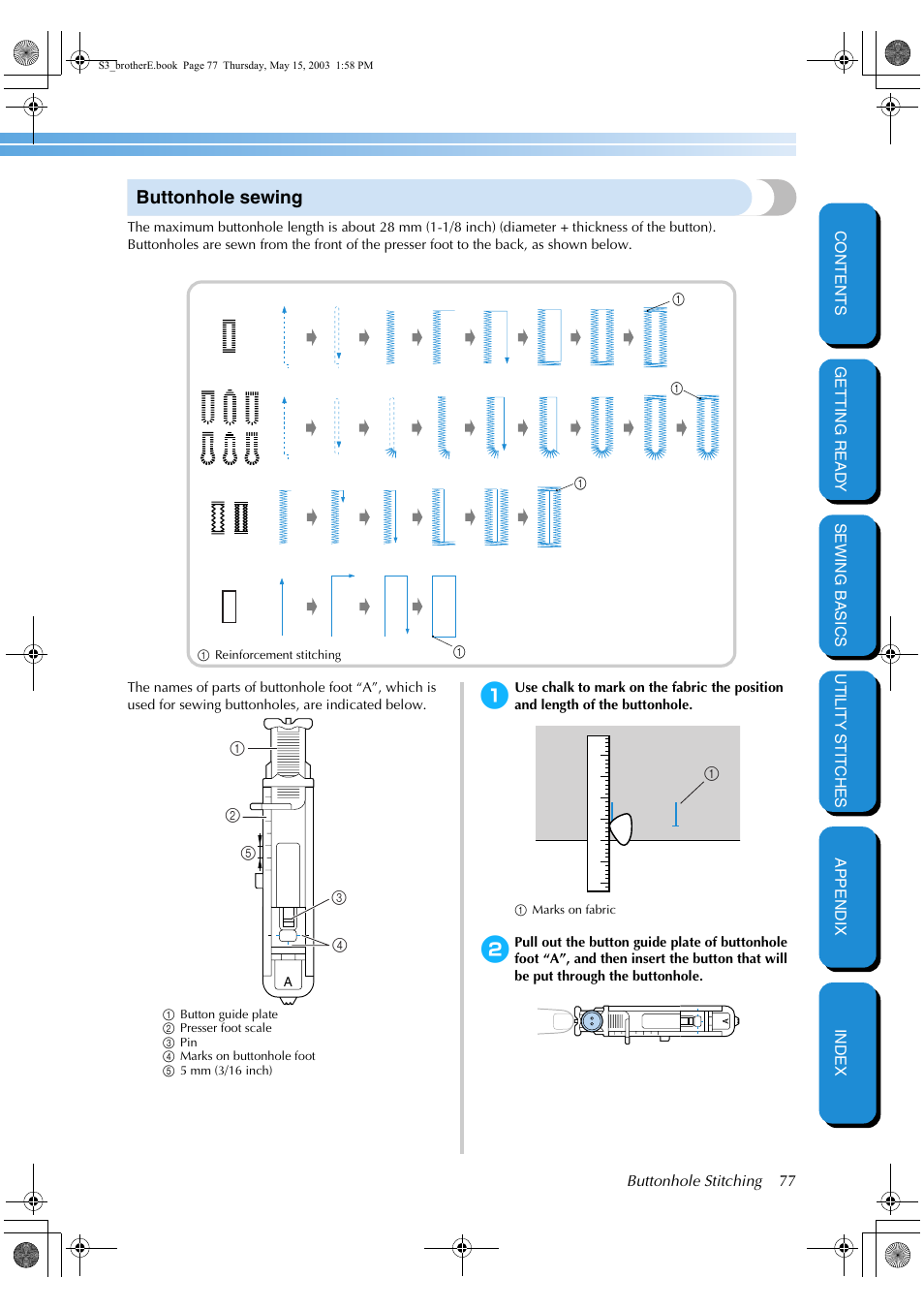 Buttonhole sewing | Brother CS-8150 User Manual | Page 83 / 141