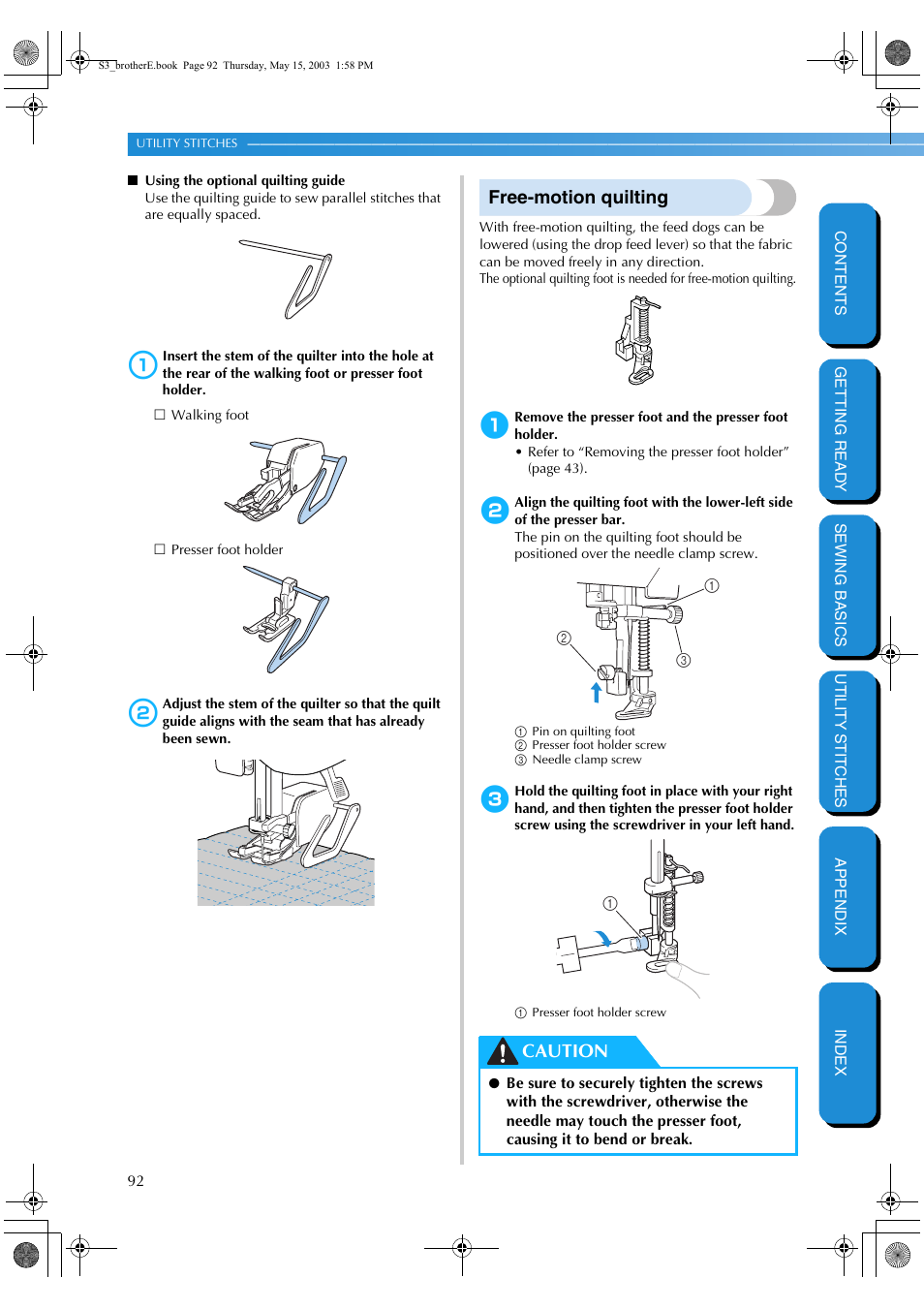 Free-motion quilting, Caution | Brother CS-8150 User Manual | Page 98 / 141