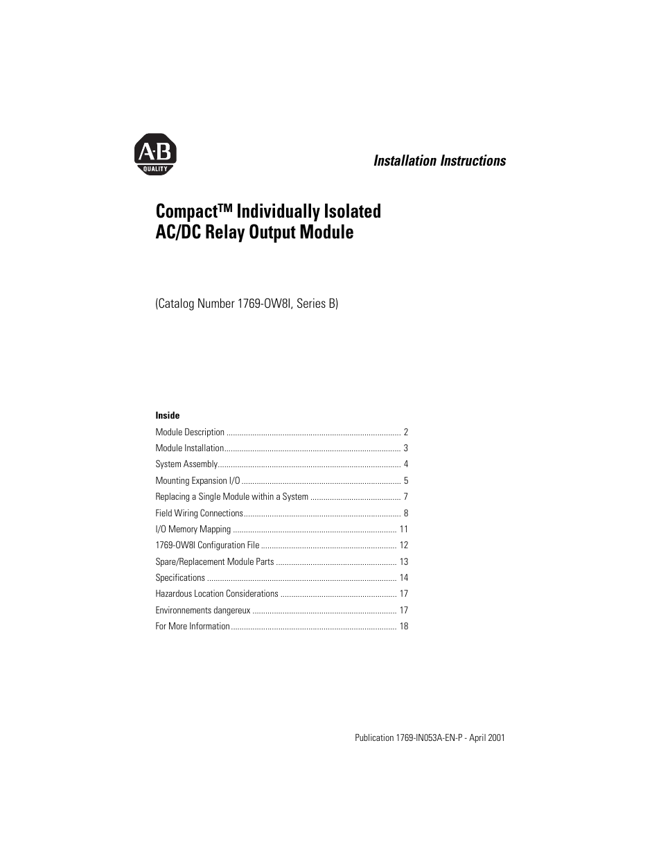 Rockwell Automation 1769-OW8I Compact Individually Isolated AC/DC Relay Output Module User Manual | 20 pages