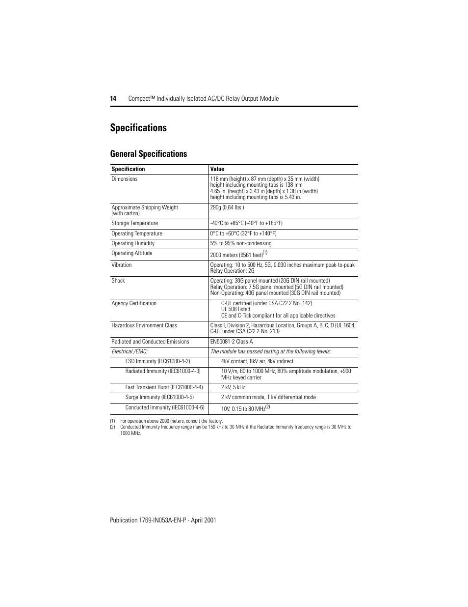 Specifications, General specifications | Rockwell Automation 1769-OW8I Compact Individually Isolated AC/DC Relay Output Module User Manual | Page 14 / 20