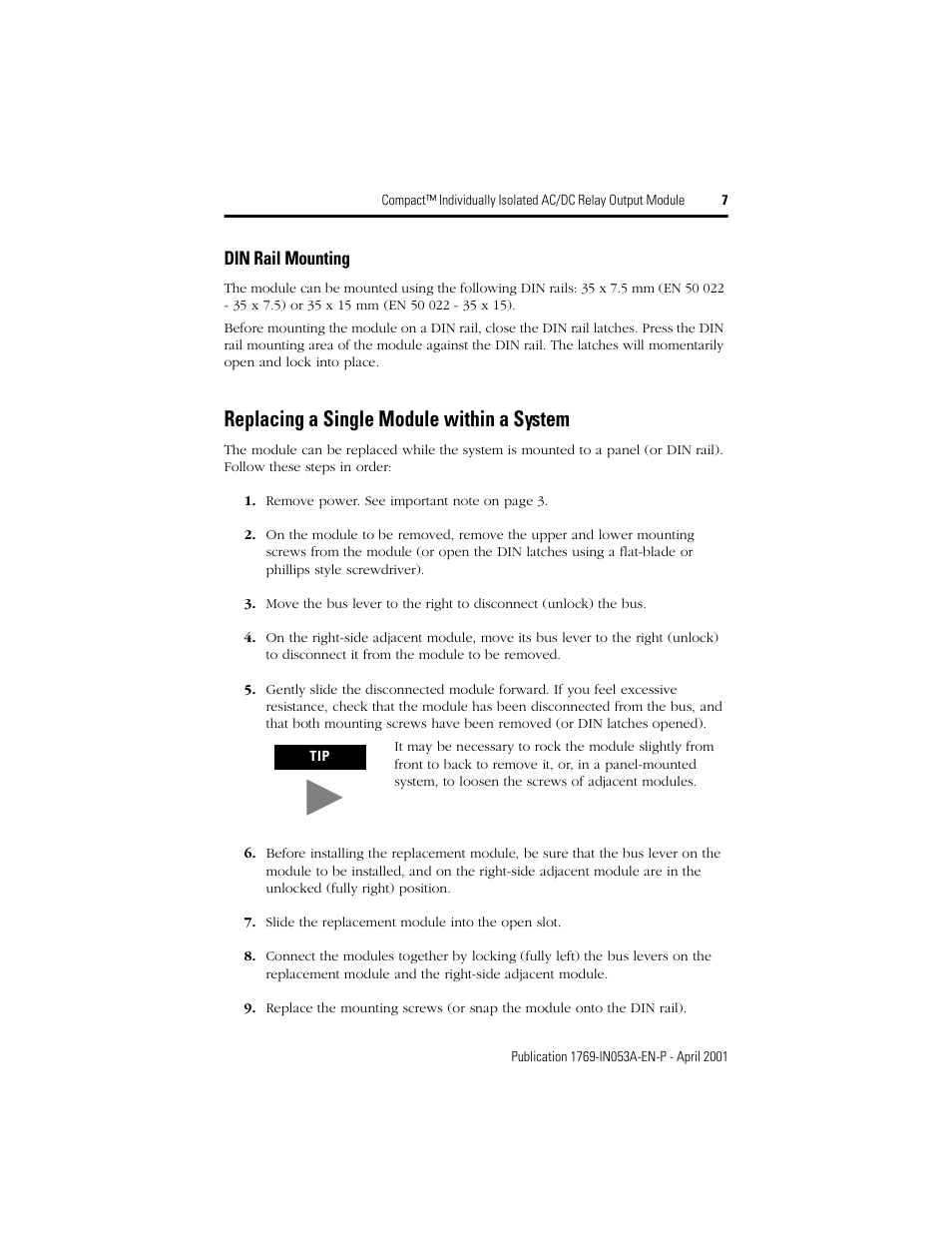 Replacing a single module within a system, Din rail mounting | Rockwell Automation 1769-OW8I Compact Individually Isolated AC/DC Relay Output Module User Manual | Page 7 / 20