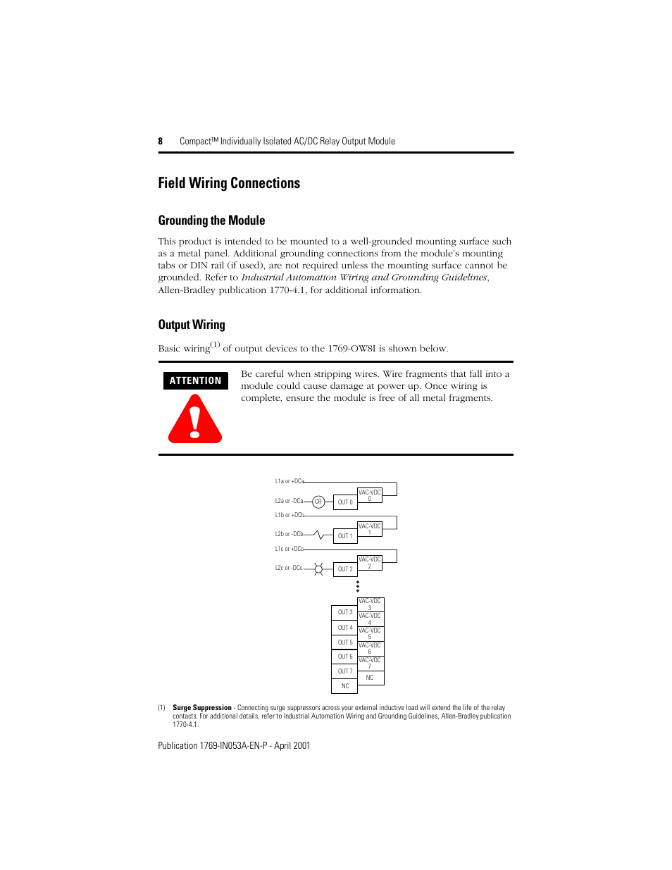 Field wiring connections, Grounding the module, Output wiring | Rockwell Automation 1769-OW8I Compact Individually Isolated AC/DC Relay Output Module User Manual | Page 8 / 20