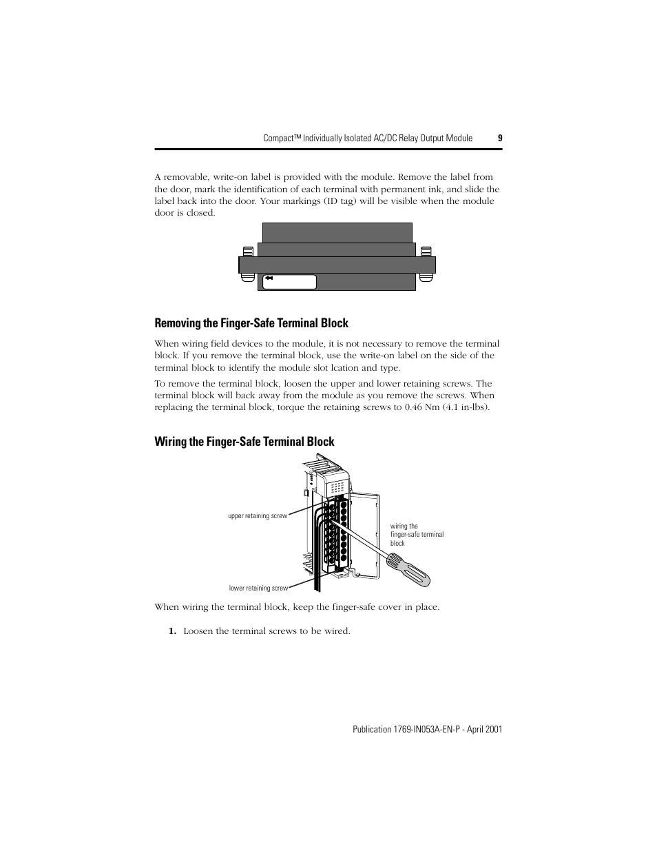 Removing the finger-safe terminal block, Wiring the finger-safe terminal block | Rockwell Automation 1769-OW8I Compact Individually Isolated AC/DC Relay Output Module User Manual | Page 9 / 20