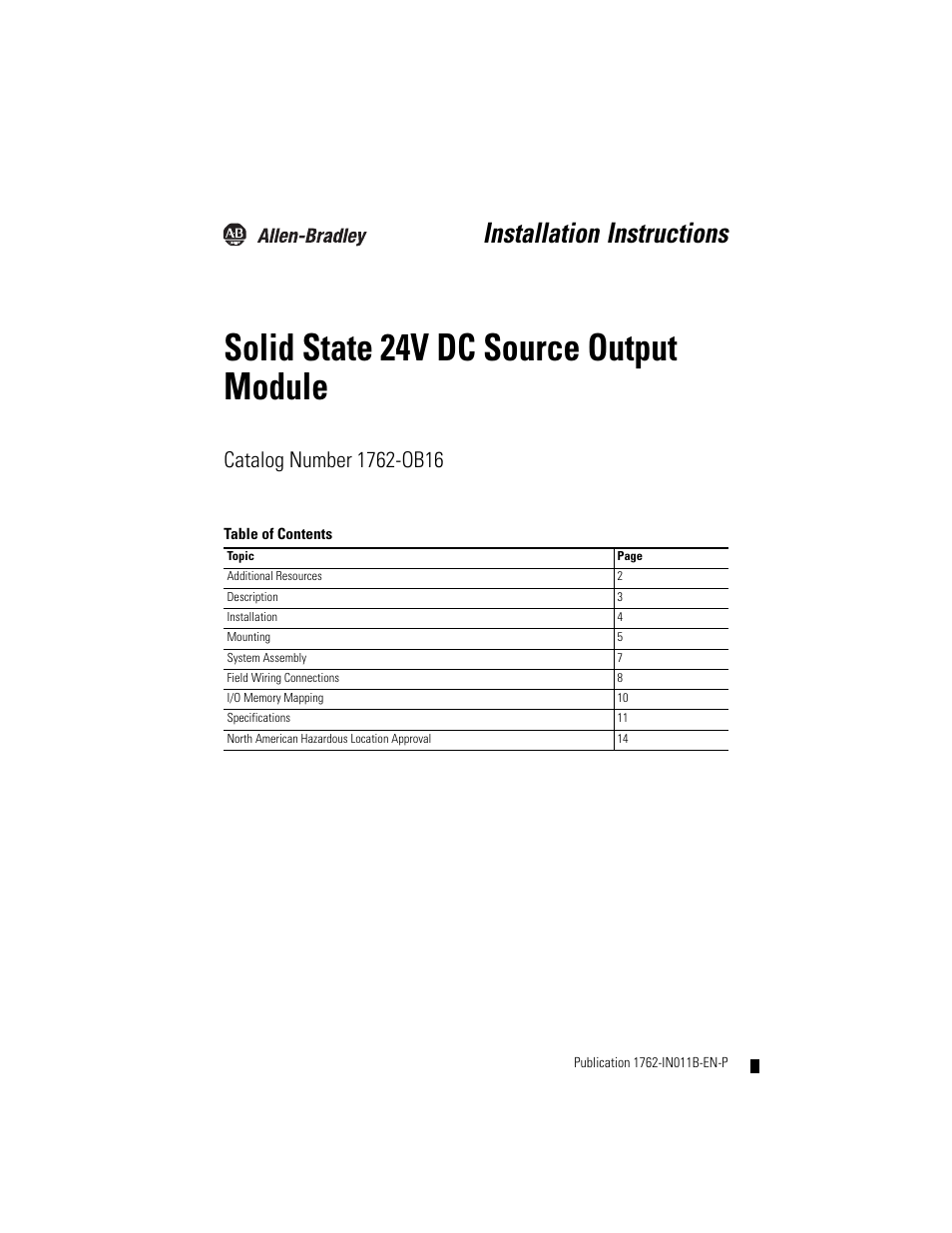 Rockwell Automation 1762-OB16 Solid State 24V dc Source Output Module User Manual | 16 pages