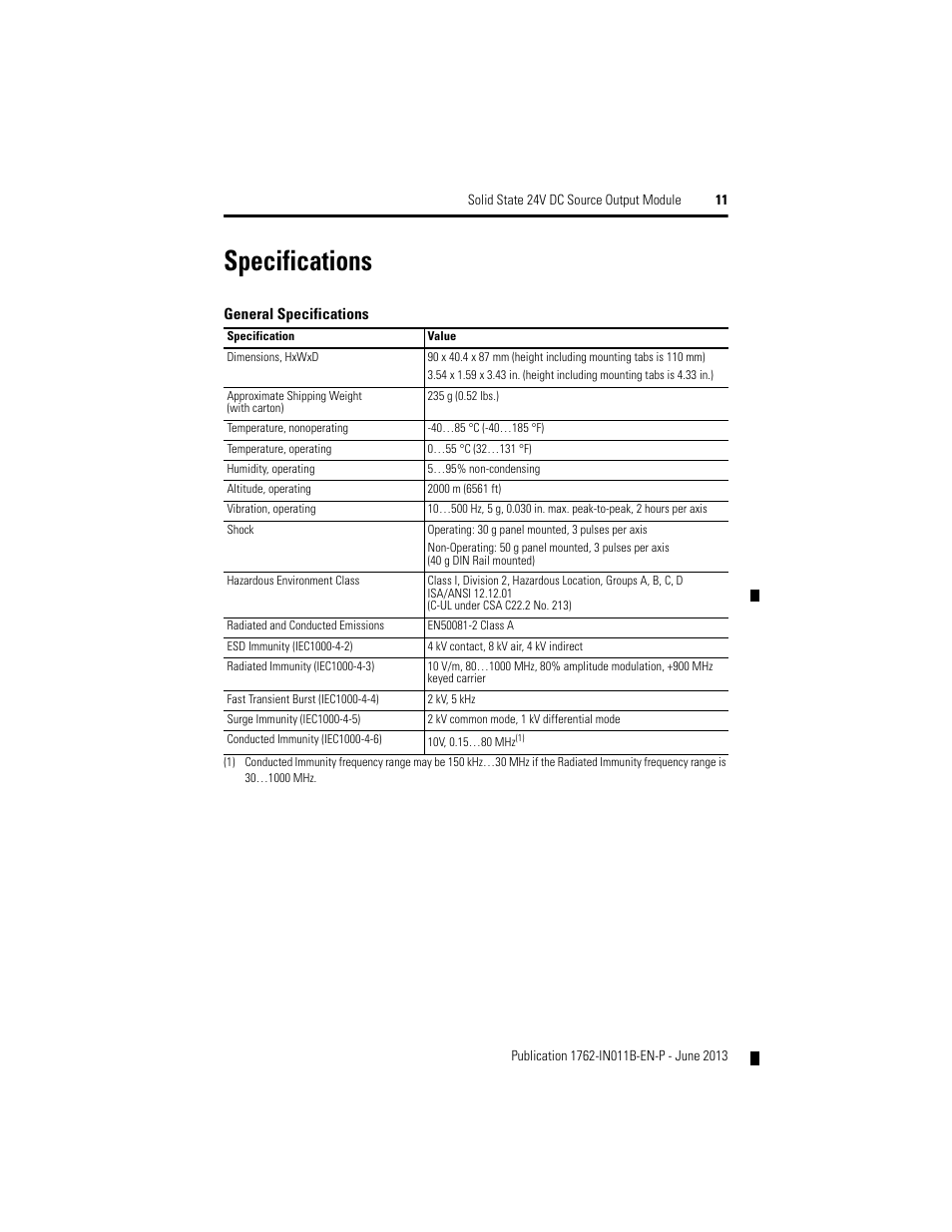Specifications | Rockwell Automation 1762-OB16 Solid State 24V dc Source Output Module User Manual | Page 11 / 16