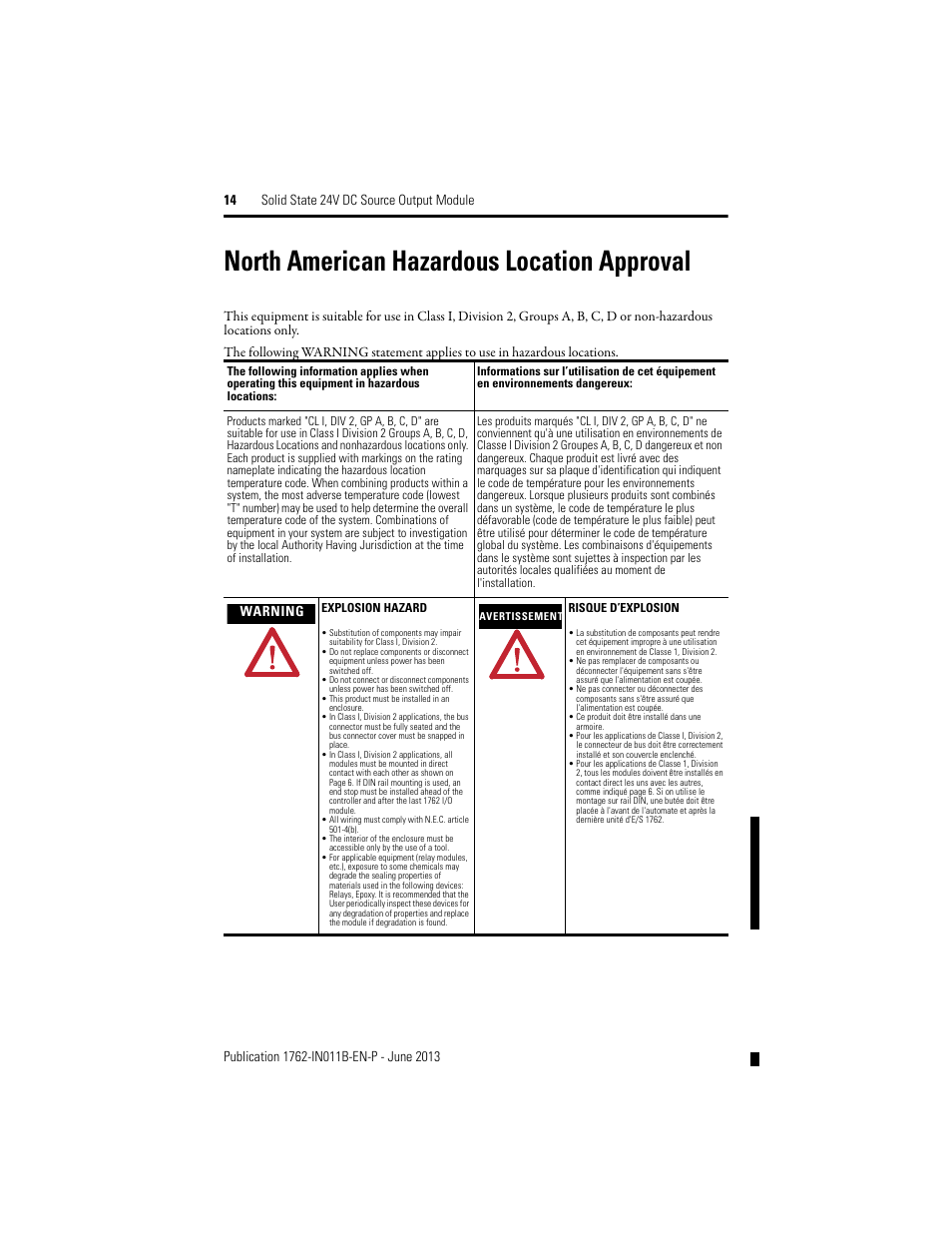 North american hazardous location approval, Warning | Rockwell Automation 1762-OB16 Solid State 24V dc Source Output Module User Manual | Page 14 / 16