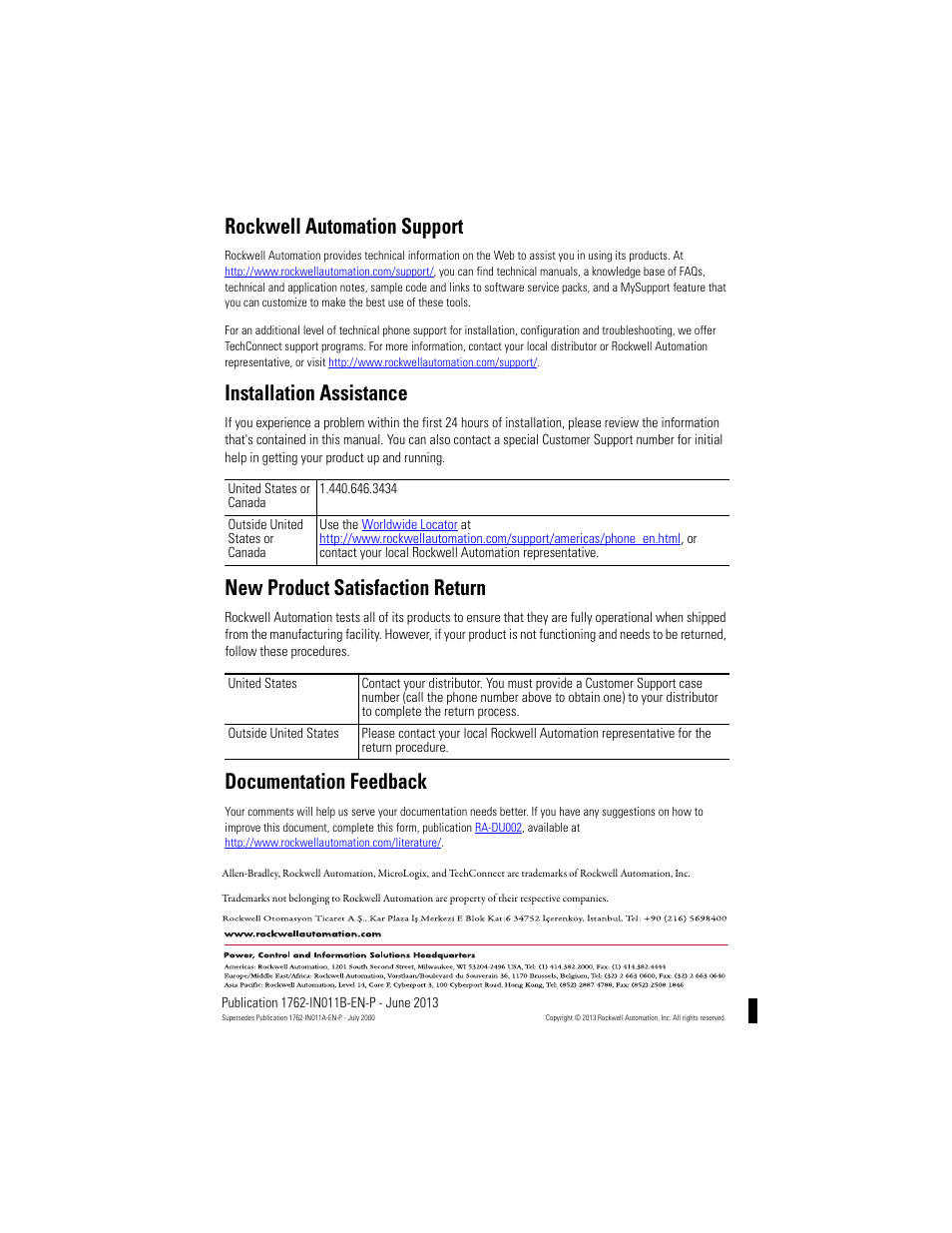 Back cover, Rockwell automation support, Installation assistance | New product satisfaction return, Documentation feedback | Rockwell Automation 1762-OB16 Solid State 24V dc Source Output Module User Manual | Page 16 / 16