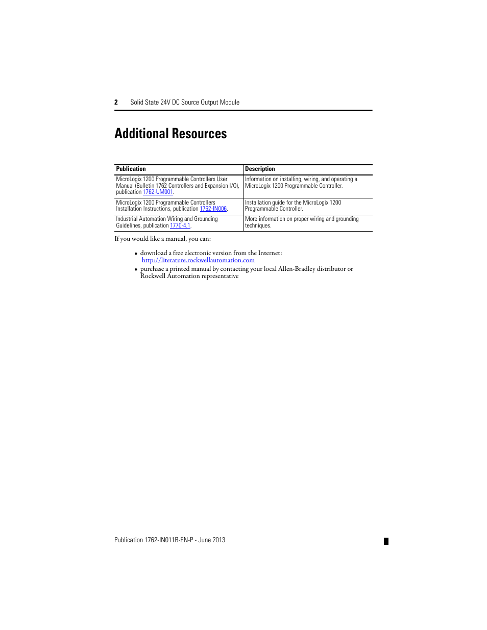 Additional resources | Rockwell Automation 1762-OB16 Solid State 24V dc Source Output Module User Manual | Page 2 / 16