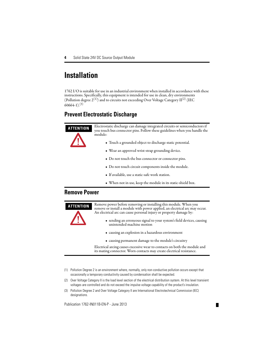 Installation, Prevent electrostatic discharge, Remove power | Prevent electrostatic discharge remove power | Rockwell Automation 1762-OB16 Solid State 24V dc Source Output Module User Manual | Page 4 / 16