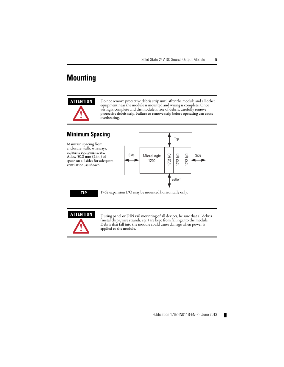 Mounting, Minimum spacing | Rockwell Automation 1762-OB16 Solid State 24V dc Source Output Module User Manual | Page 5 / 16