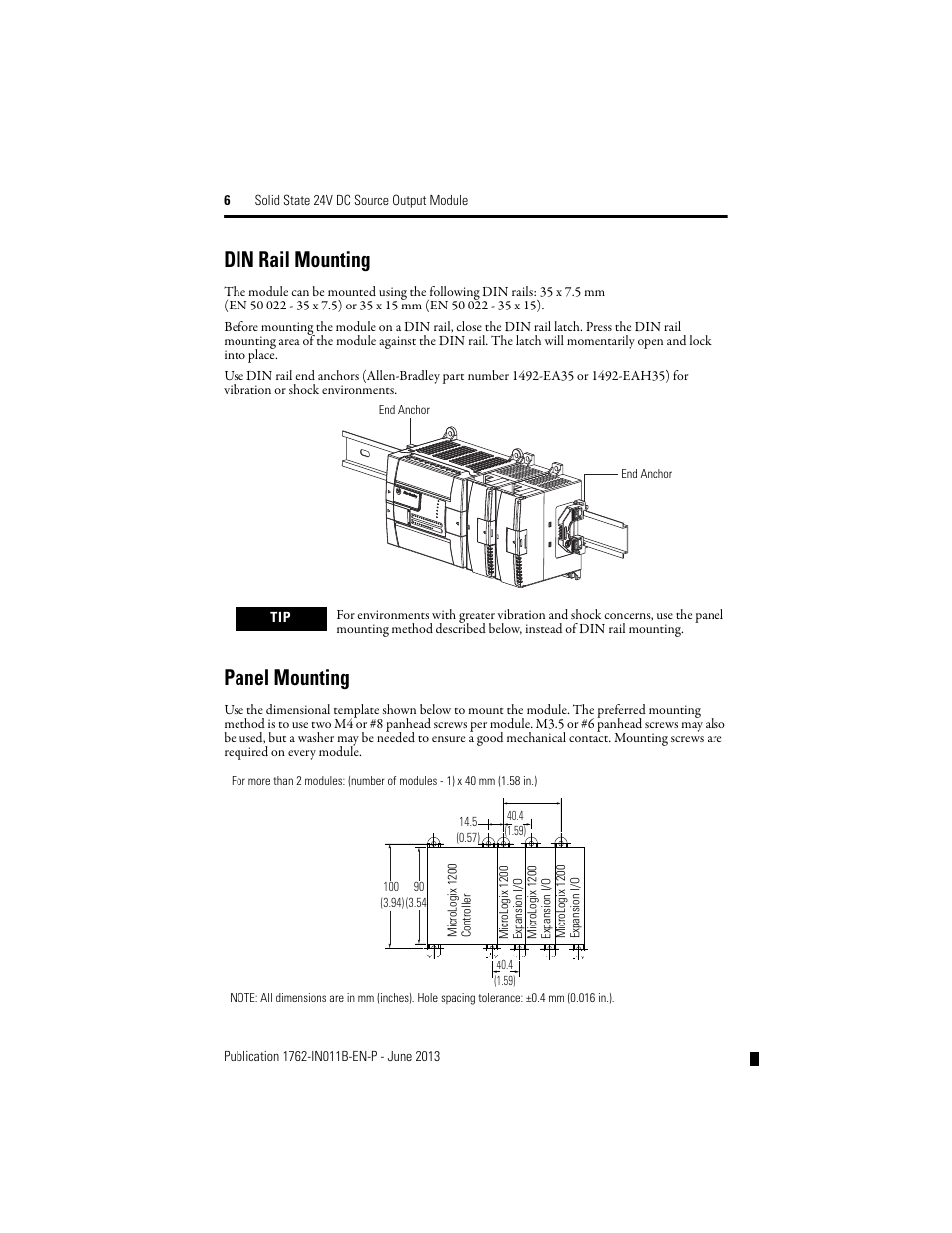 Din rail mounting, Panel mounting | Rockwell Automation 1762-OB16 Solid State 24V dc Source Output Module User Manual | Page 6 / 16