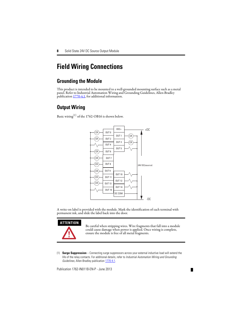Field wiring connections, Grounding the module, Output wiring | Rockwell Automation 1762-OB16 Solid State 24V dc Source Output Module User Manual | Page 8 / 16