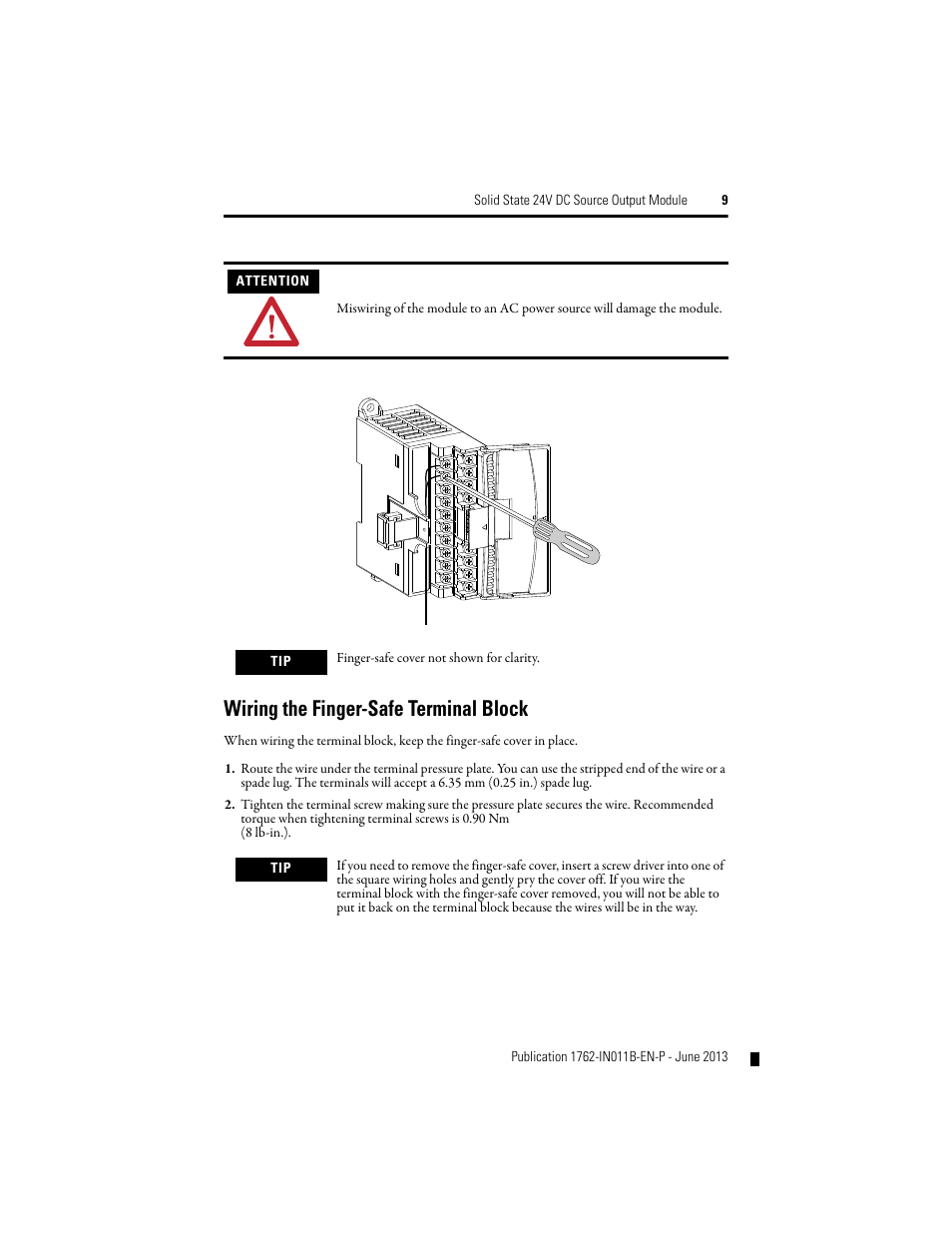 Wiring the finger-safe terminal block | Rockwell Automation 1762-OB16 Solid State 24V dc Source Output Module User Manual | Page 9 / 16