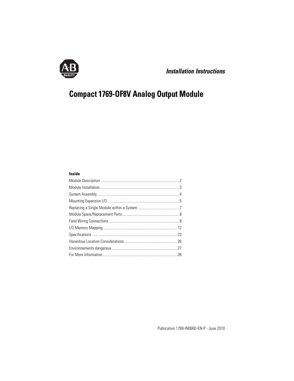 Rockwell Automation 1769-OF8V Compact Analog Output Module User Manual | 32 pages