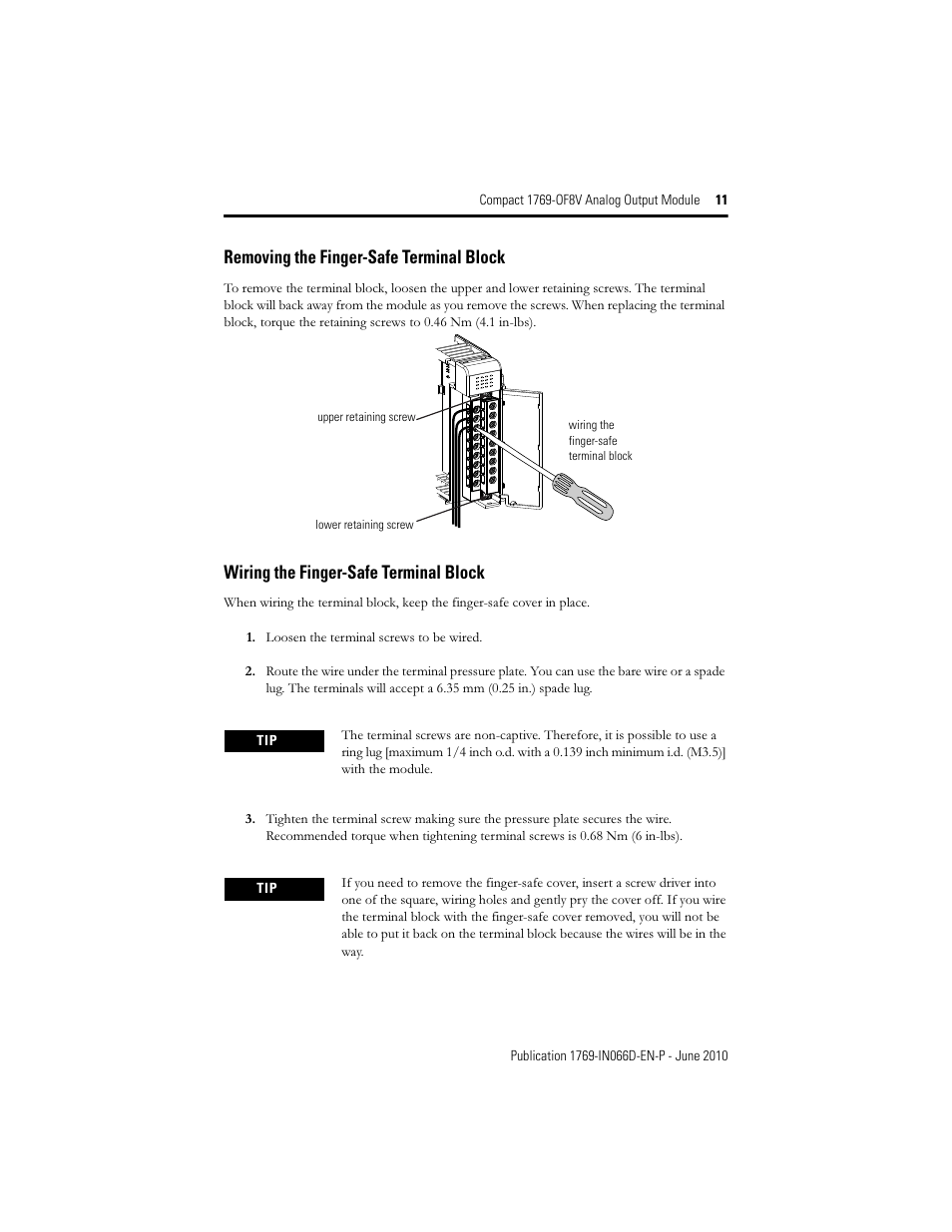 Removing the finger-safe terminal block, Wiring the finger-safe terminal block | Rockwell Automation 1769-OF8V Compact Analog Output Module User Manual | Page 11 / 32