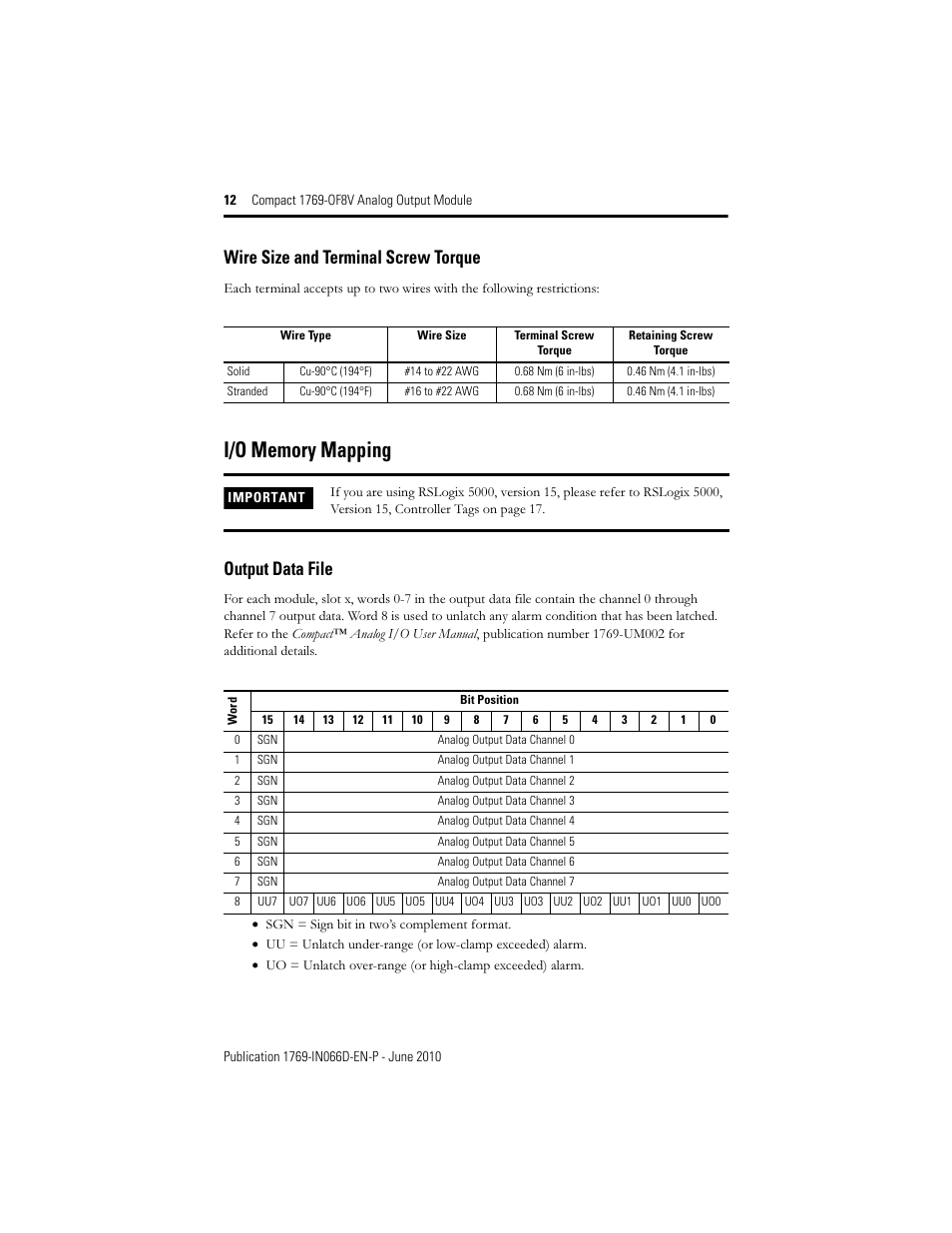 I/o memory mapping, Wire size and terminal screw torque, Output data file | Rockwell Automation 1769-OF8V Compact Analog Output Module User Manual | Page 12 / 32