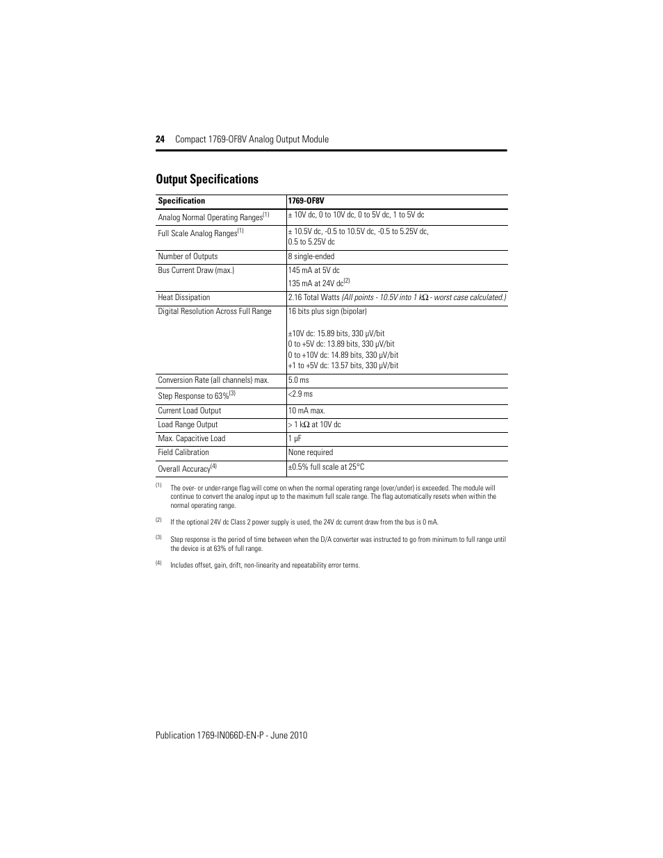 Output specifications | Rockwell Automation 1769-OF8V Compact Analog Output Module User Manual | Page 24 / 32